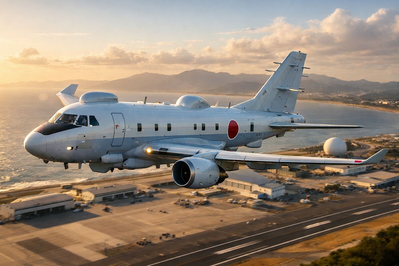 Avião militar de asas baixas e motor turbofan voando sobre aeroporto perto do mar ao pôr do sol.