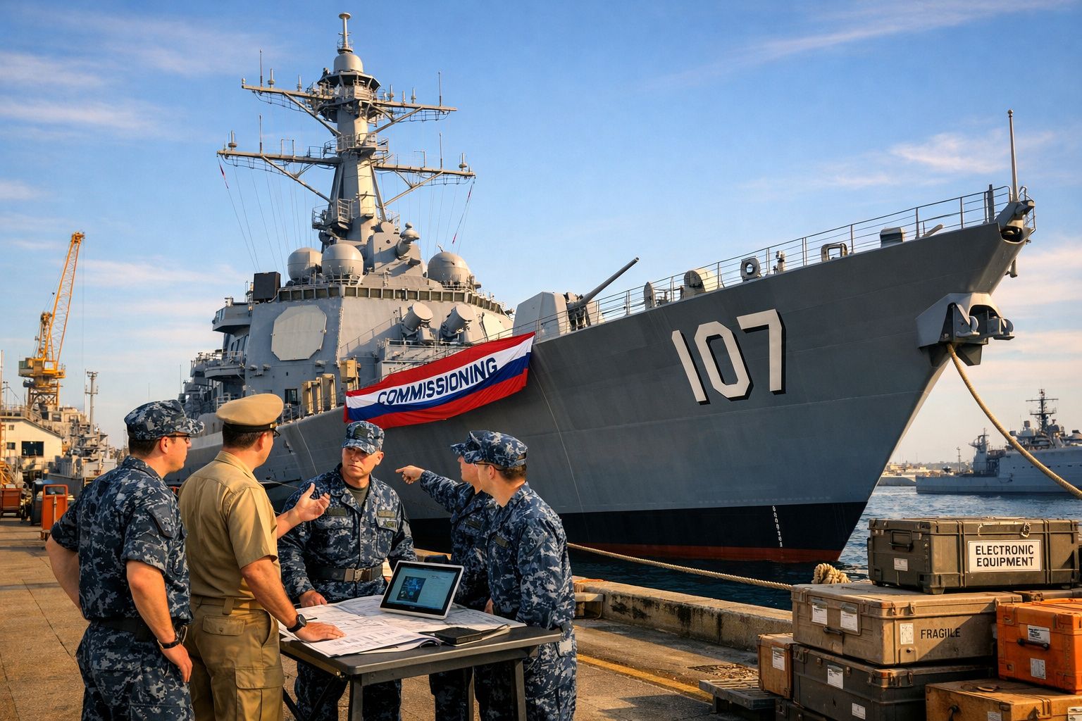 Quatro militares da marinha em convés junto a navio de guerra cinzento nº 107 com bandeira de comissão.