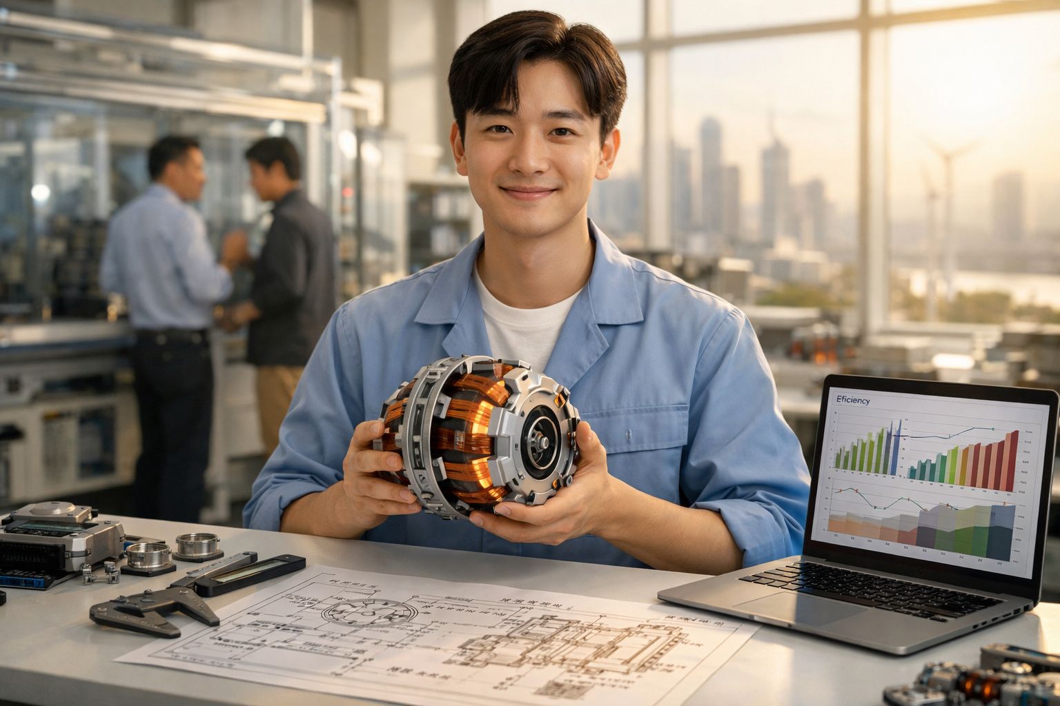 Homem sorridente em oficina segura componente mecânico com laptop e desenhos técnicos na mesa.