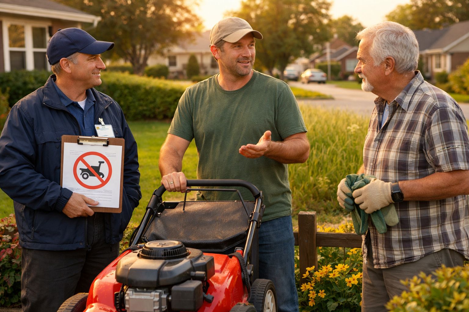 Três homens conversam no jardim, um deles com um cortador de relva e outro com uma prancheta com sinal de proibição.