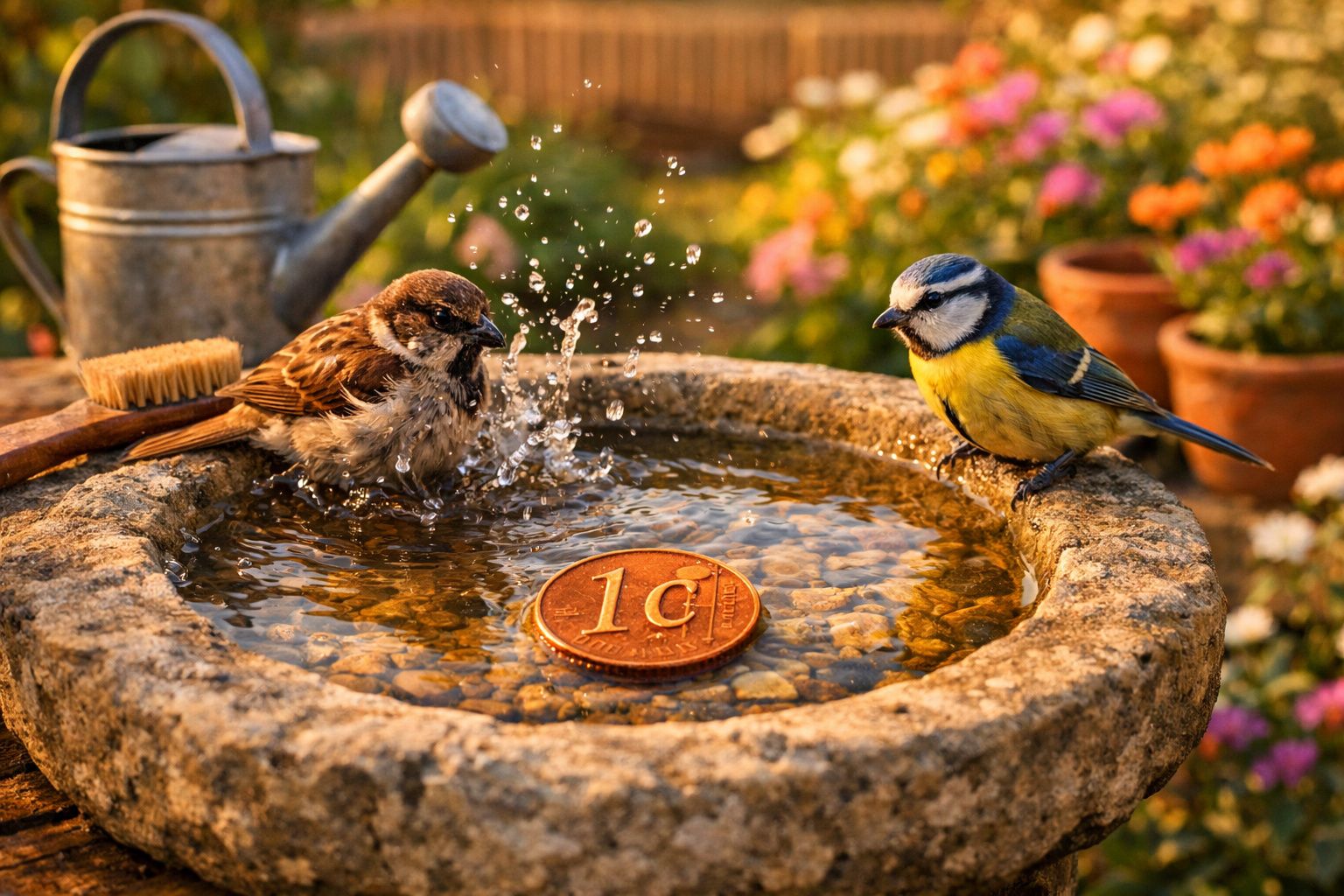 Dois pássaros em banho numa bacia de pedra com moeda de 1 cêntimo no centro, jardim florescido ao fundo.