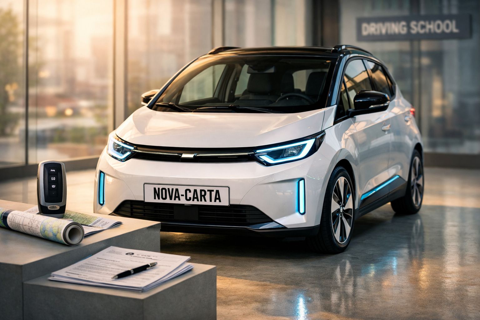 Carro elétrico branco com matrícula personalizada "NOVA-CARTA" em interior moderno, próximo de documentos e comando.