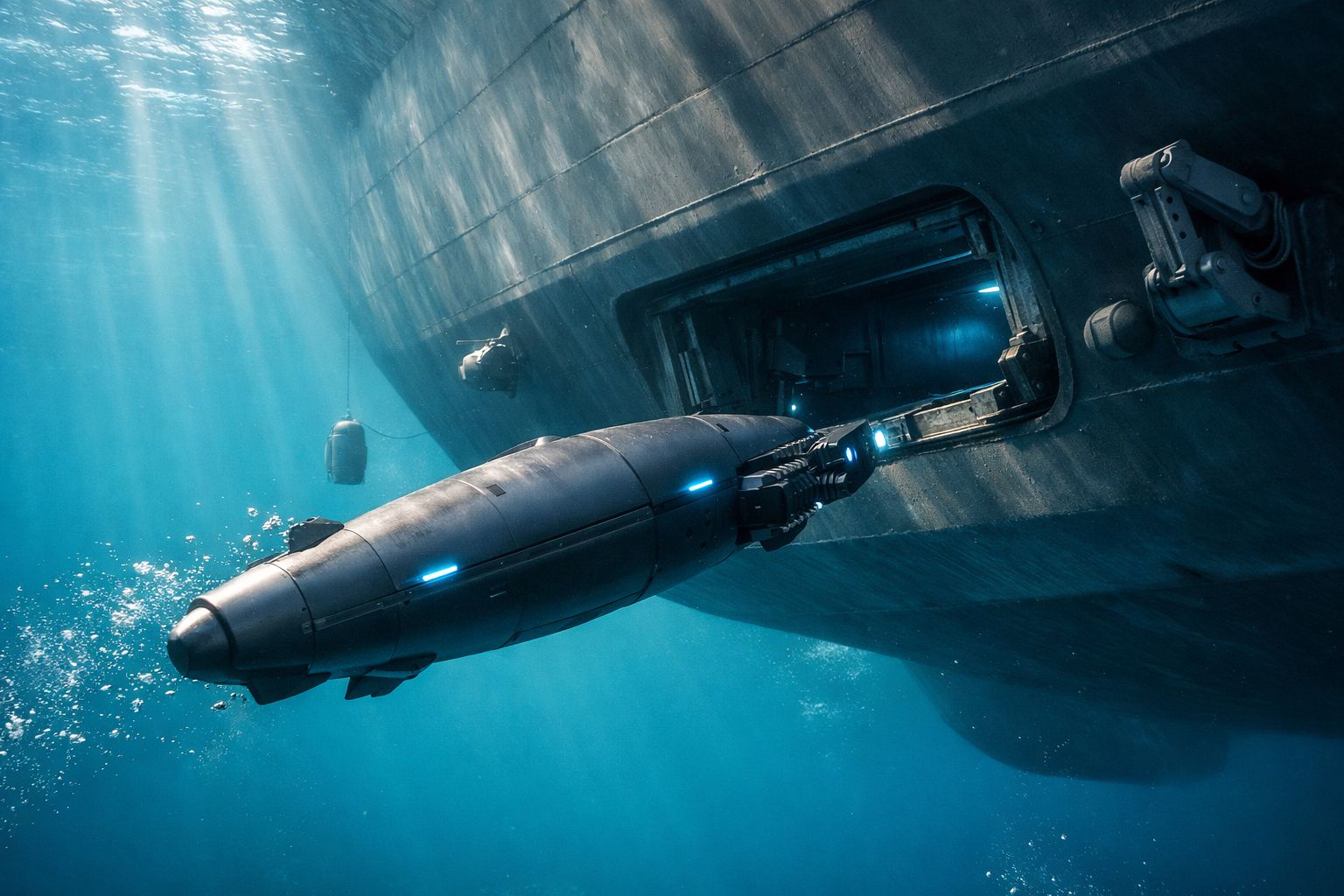 Veículo submarino autónomo em processo de entrada numa abertura de um grande submarino submerso.