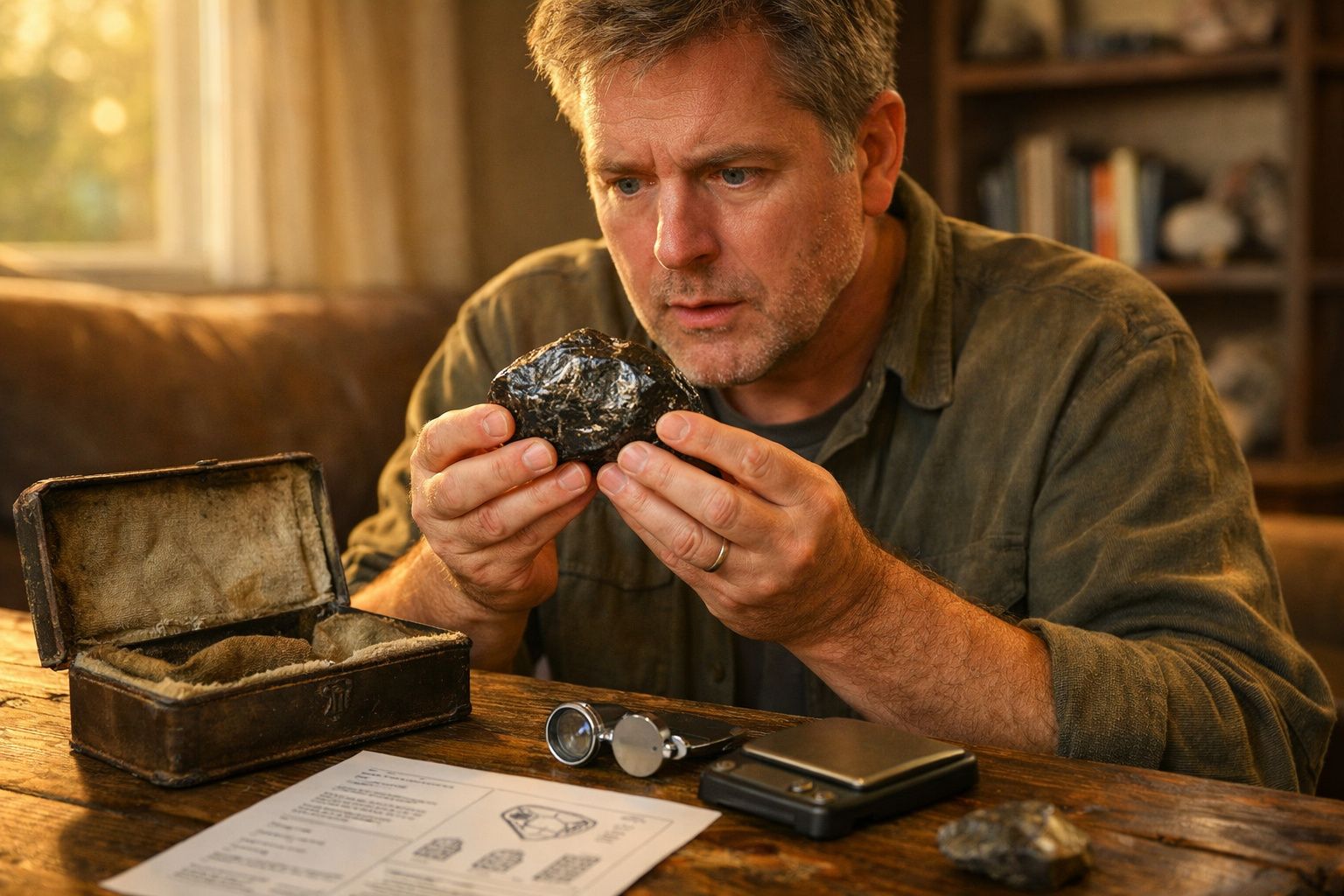 Homem observa atentamente pedra negra brilhante enquanto está sentado à mesa com objetos de pesquisa.