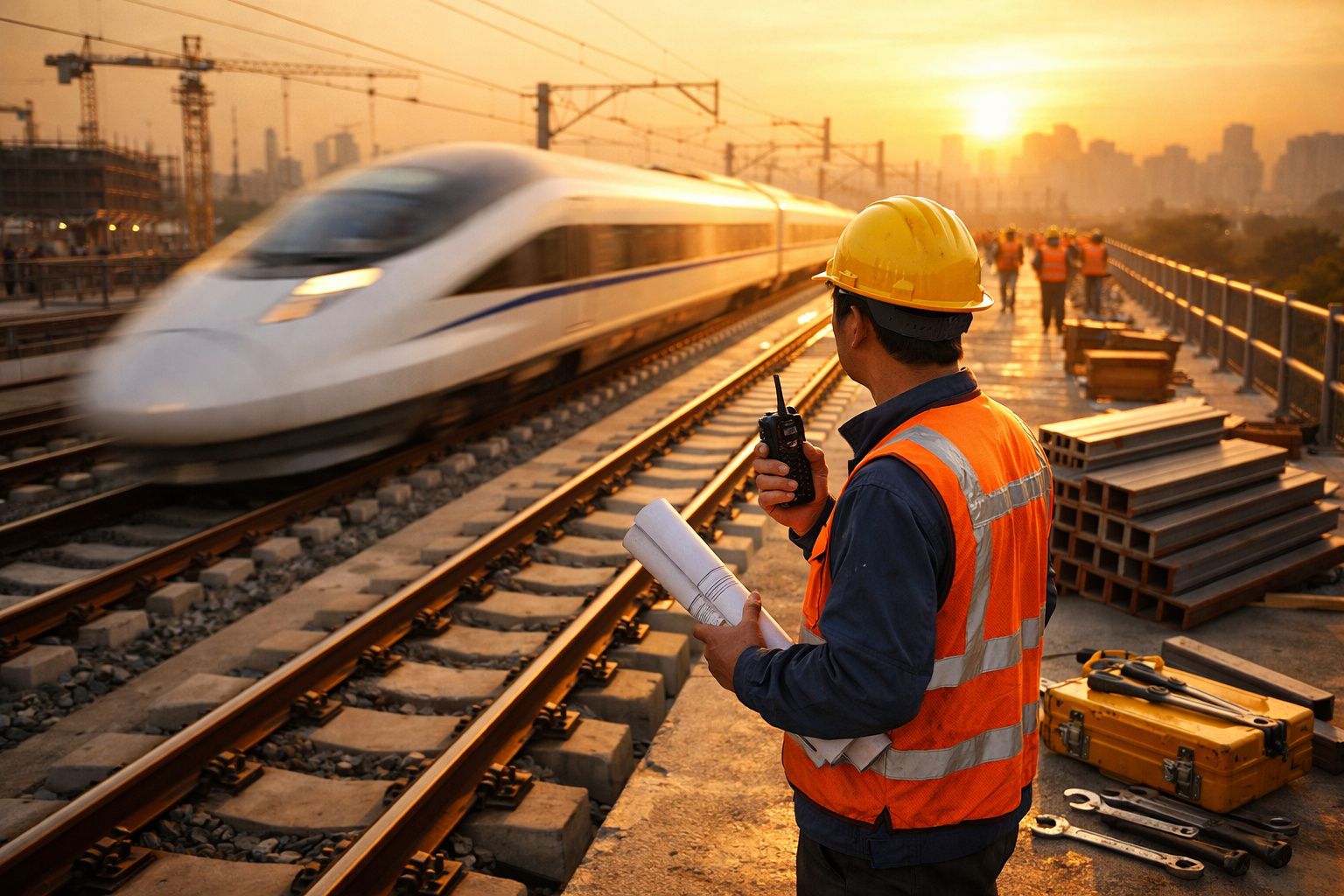Engenheiro em colete e capacete observa comboio de alta velocidade numa linha férrea ao pôr do sol.