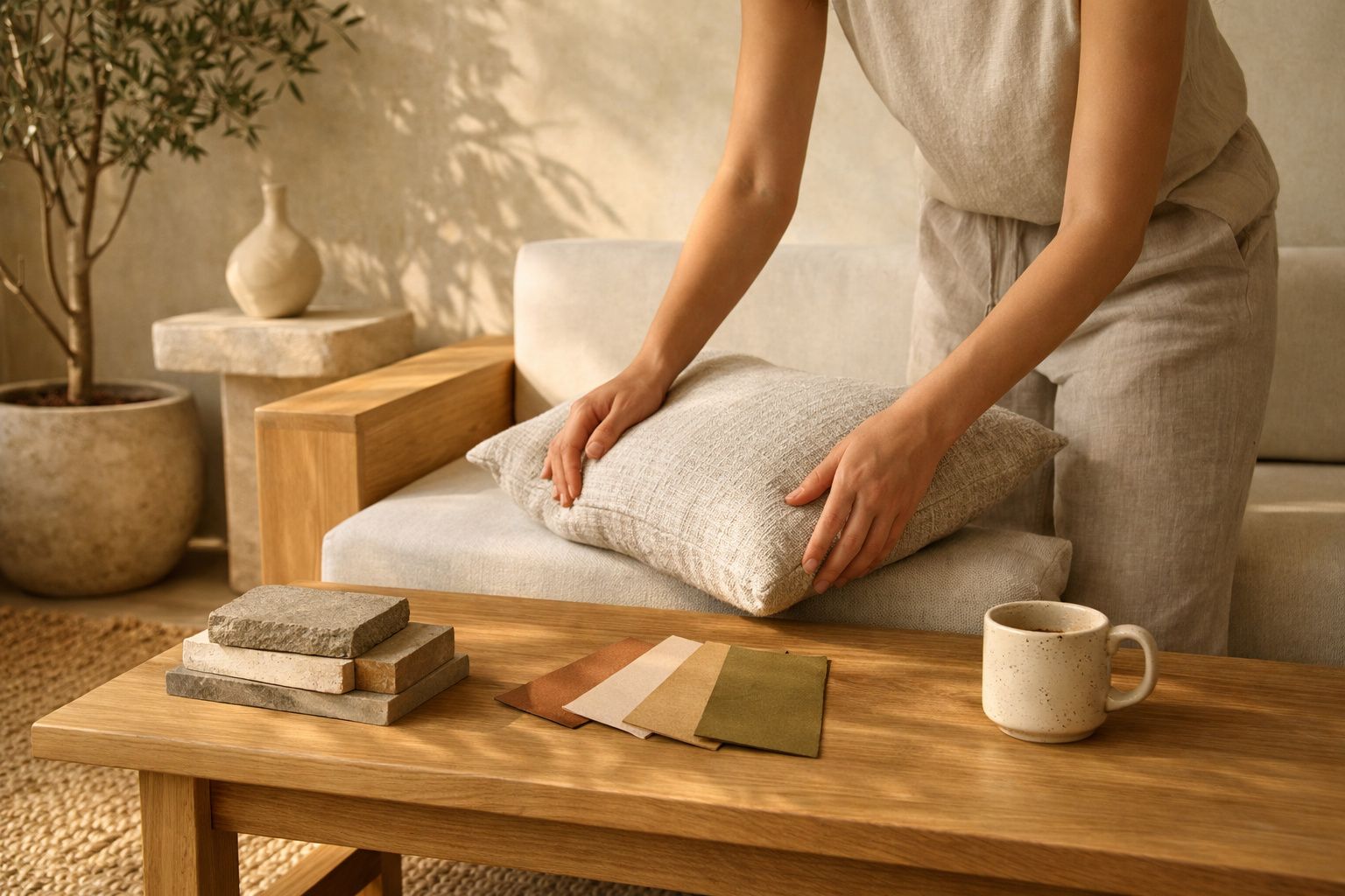 Pessoa a arrumar almofada em sofá claro, com amostras de tecido e chávena numa mesa de madeira.