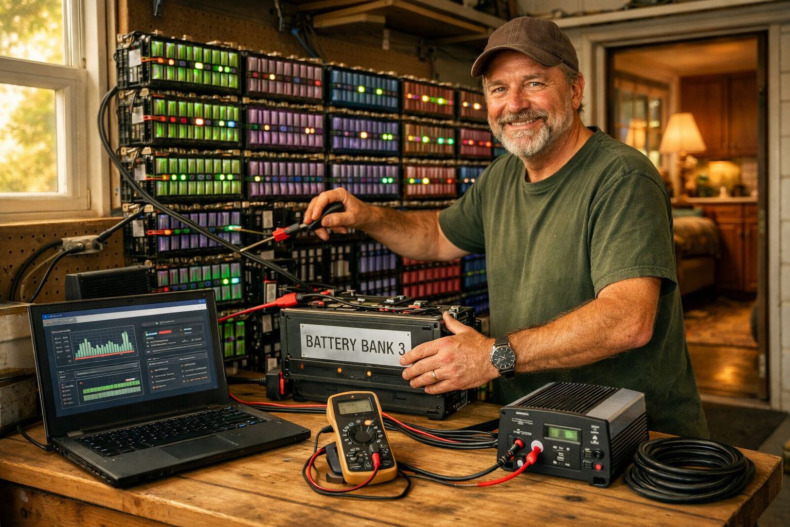 Homem sorridente a testar banco de baterias com equipamento eletrónico numa oficina iluminada.
