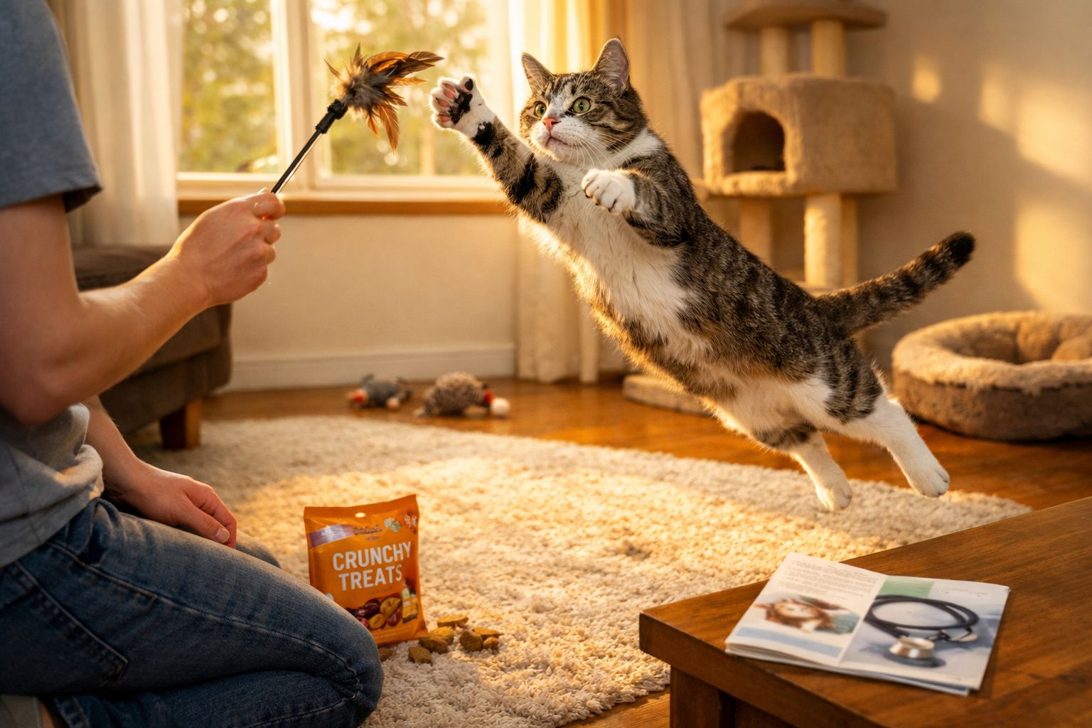 Gato tigrado a saltar para apanhar um brinquedo em pena, em sala iluminada, com tapete e arranhador.