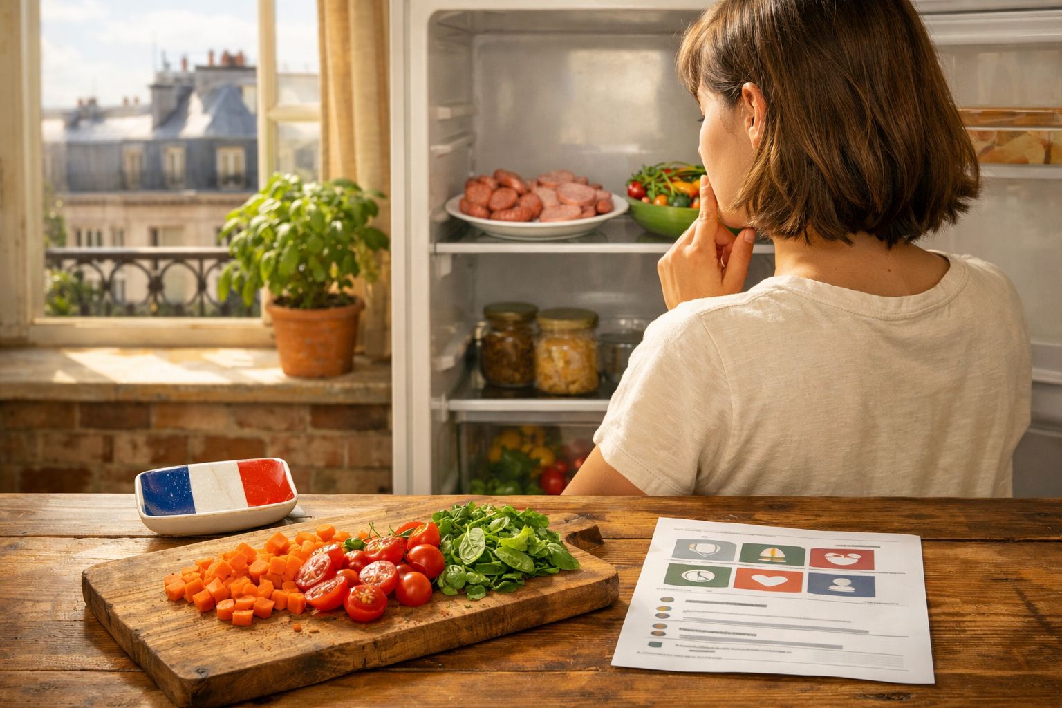 Mulher a pensar diante do frigorífico aberto e legumes frescos sobre a mesa de madeira.