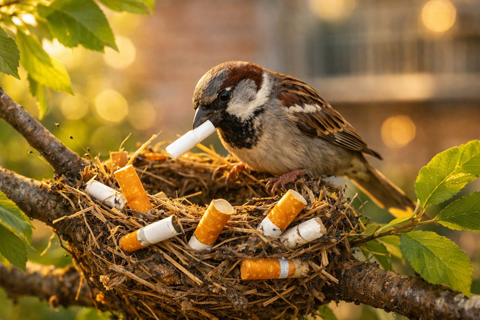 Pássaro pousado num ninho cheio de beatas de cigarro, rodeado por folhas verdes e luz dourada.