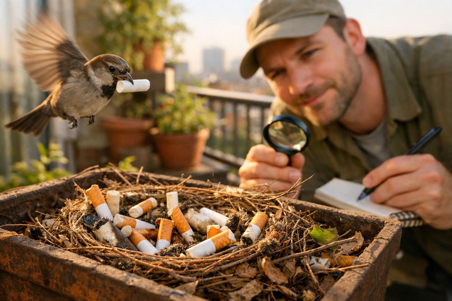Pássaro a recolher beatas de cigarro numa floreira enquanto homem observa com lupa e nota num caderno.