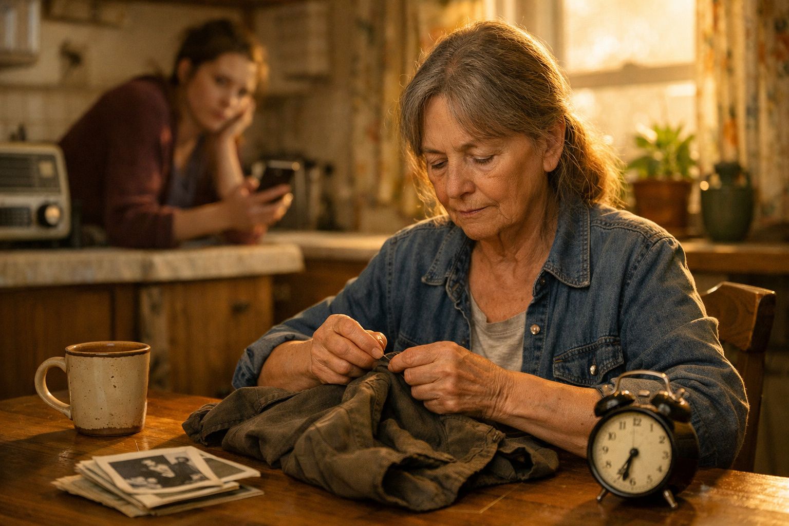 Mulher idosa a costurar roupa numa mesa com chávena e despertador, jovem ao fundo no telemóvel.