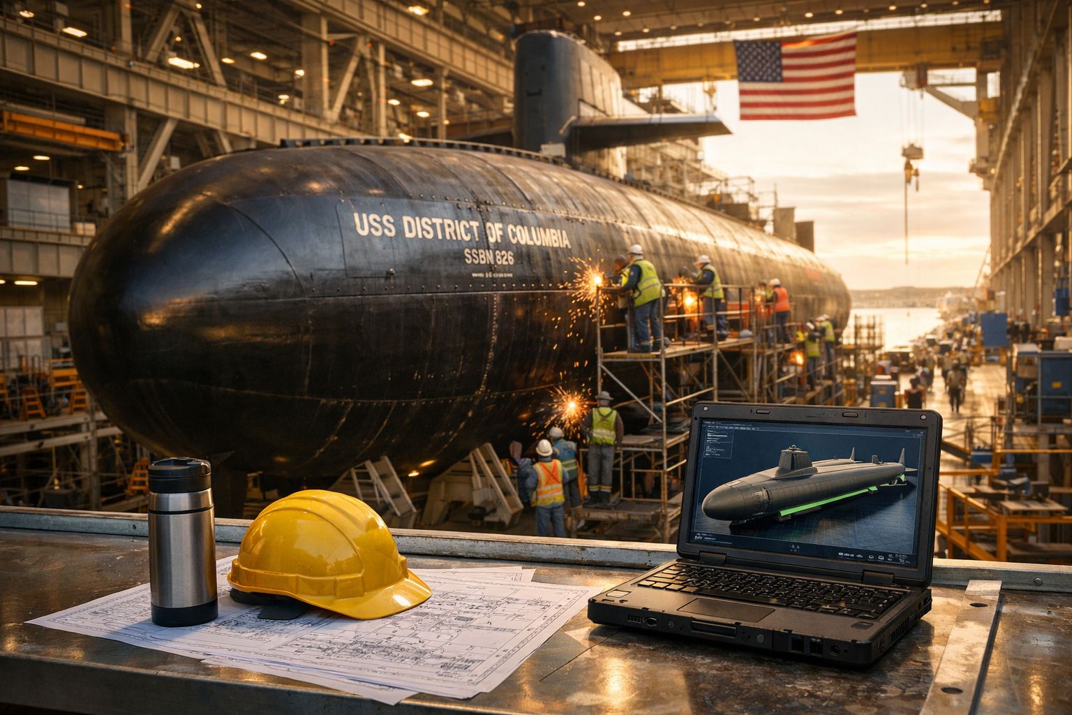 Submarino USS District of Columbia em construção com trabalhadores, capacete, planta e portátil no estaleiro naval.
