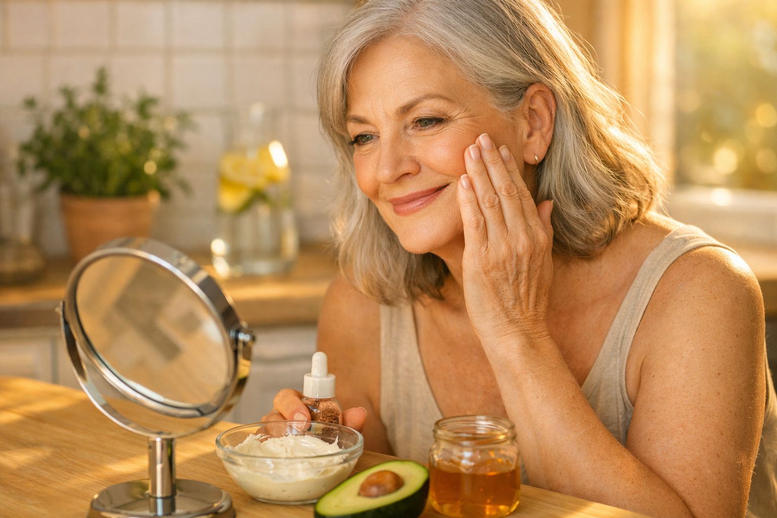 Mulher sénior a aplicar creme no rosto, sentada à mesa com espelho e produtos de cuidados de pele.