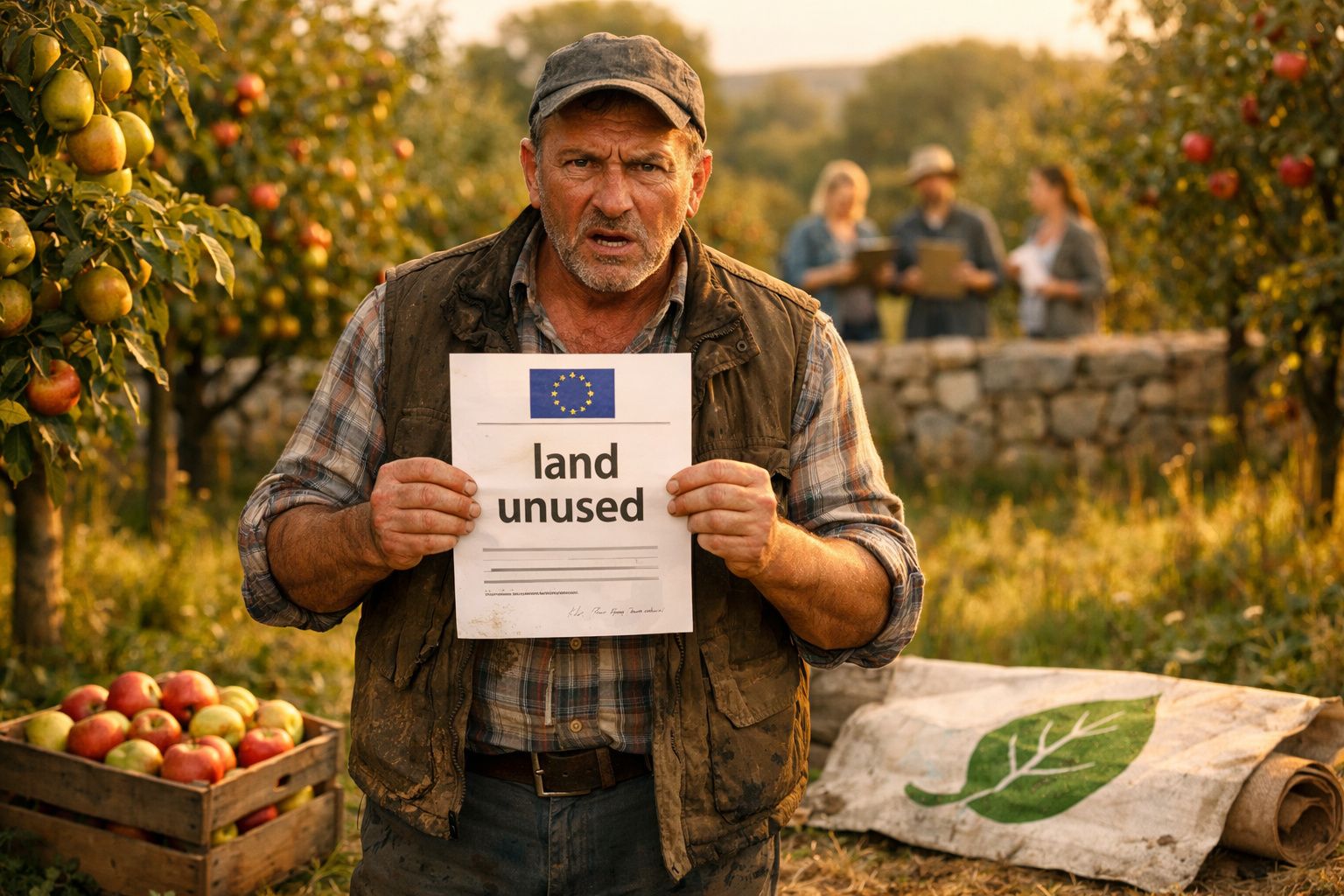 Homem numa pomar segura papel com o texto "land unused", mostrando terra não utilizada.