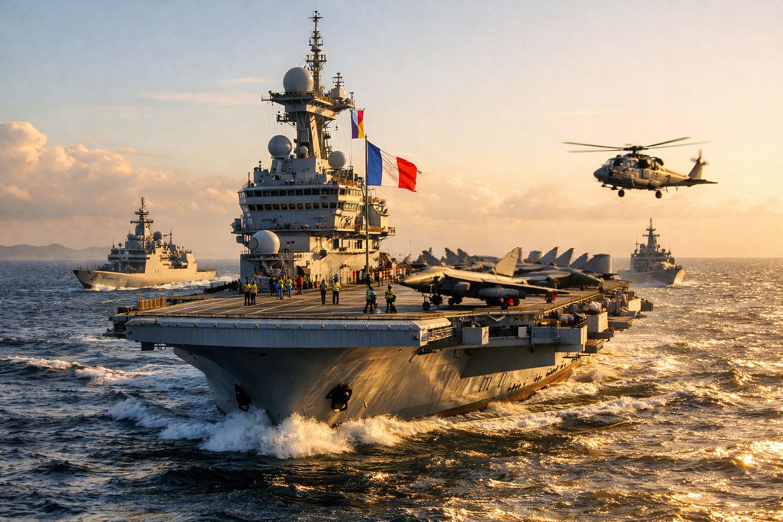 Porta-aviões com bandeira francesa acompanhado por navios militares e helicóptero ao pôr do sol no mar.