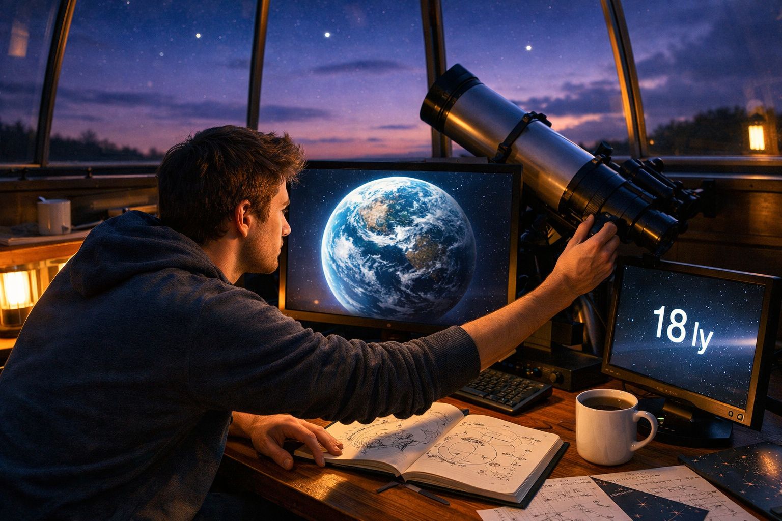 Homem a observar um telescópio junto a monitores com imagem da Terra e distância de 18 anos-luz durante o crepúsculo.