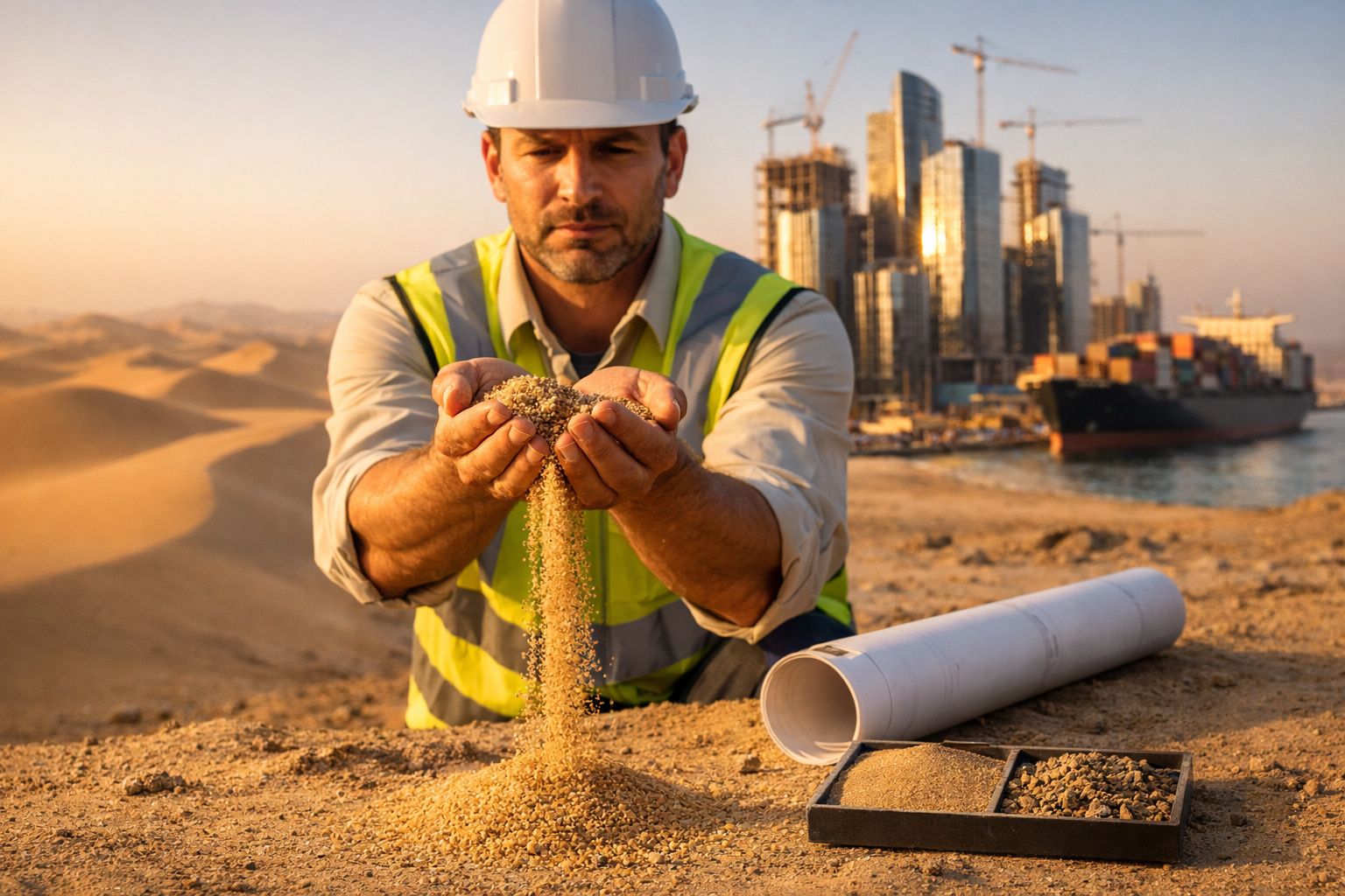 Homem com capacete e colete de segurança segura areia perto de projeto de construção e mar com navio ao fundo.