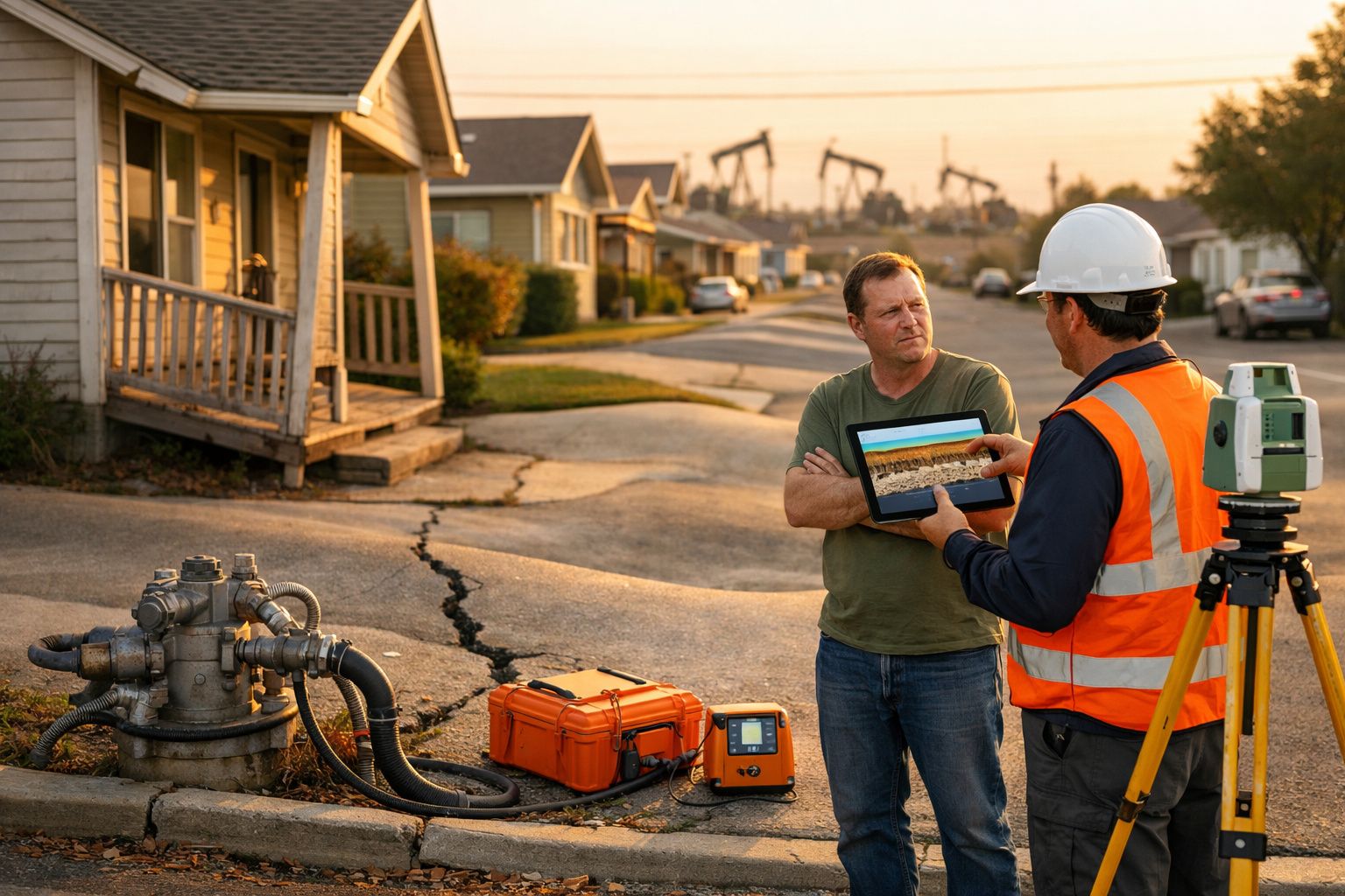 Dois trabalhadores numa estrada urbana danificada, um com colete refletor a mostrar imagem em tablet sobre petróleo.