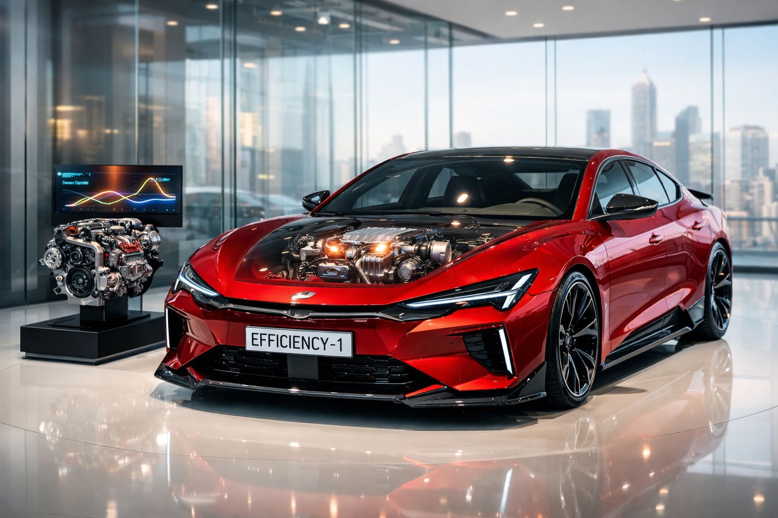 Carro desportivo vermelho com motor visível através do capot exposto em showroom moderno.