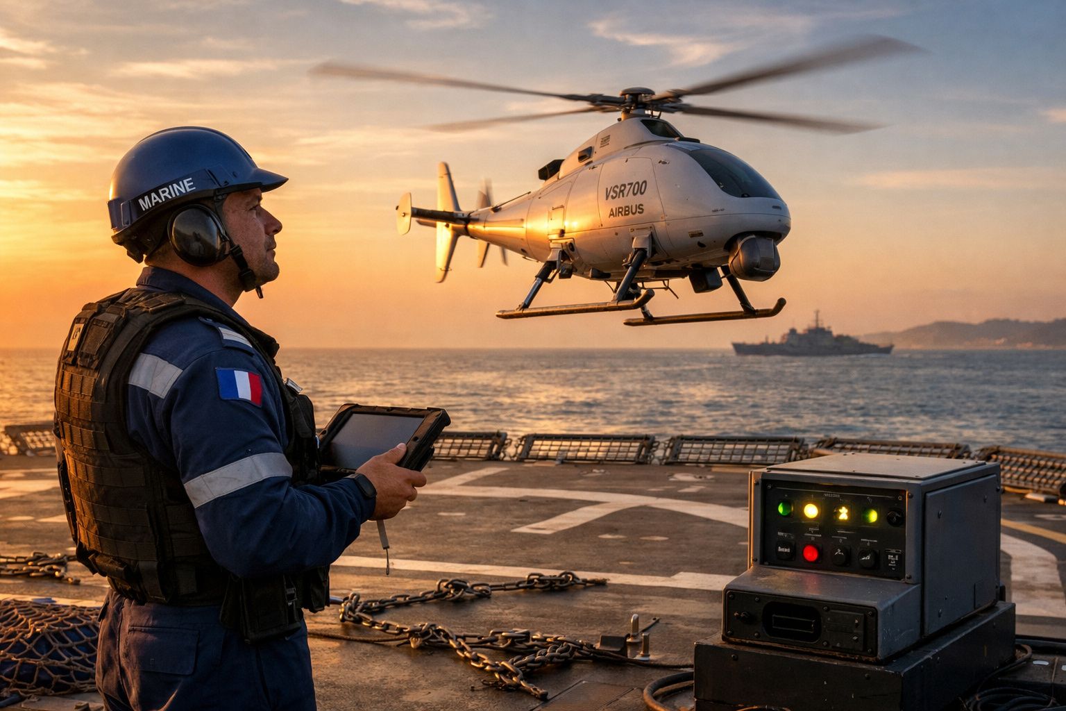 Militar francês controla helicóptero não tripulado Airbus VSR700 no convés de um navio ao pôr do sol.