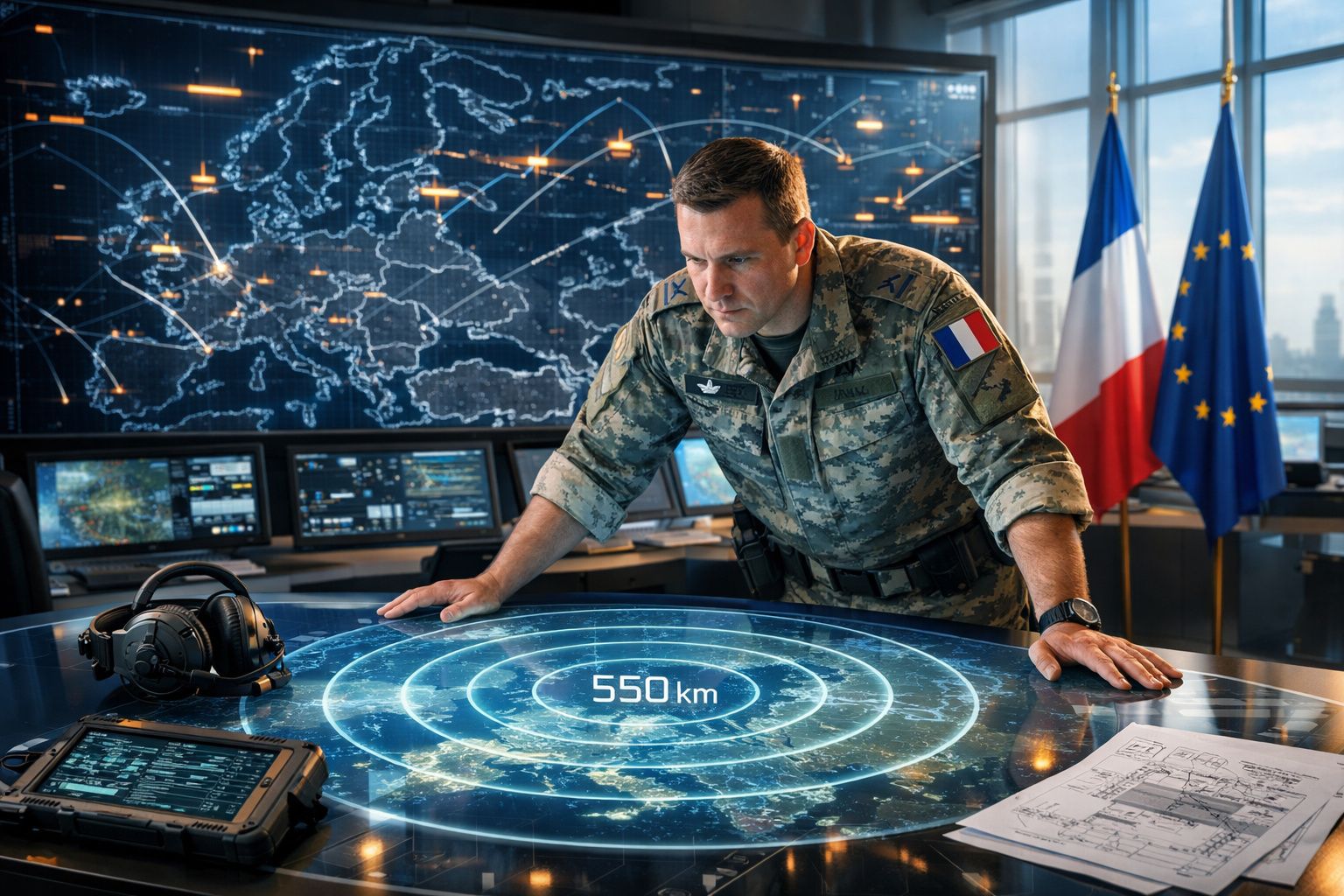 Militar francês em uniforme a analisar mapa digital de radar numa sala de comando high-tech.