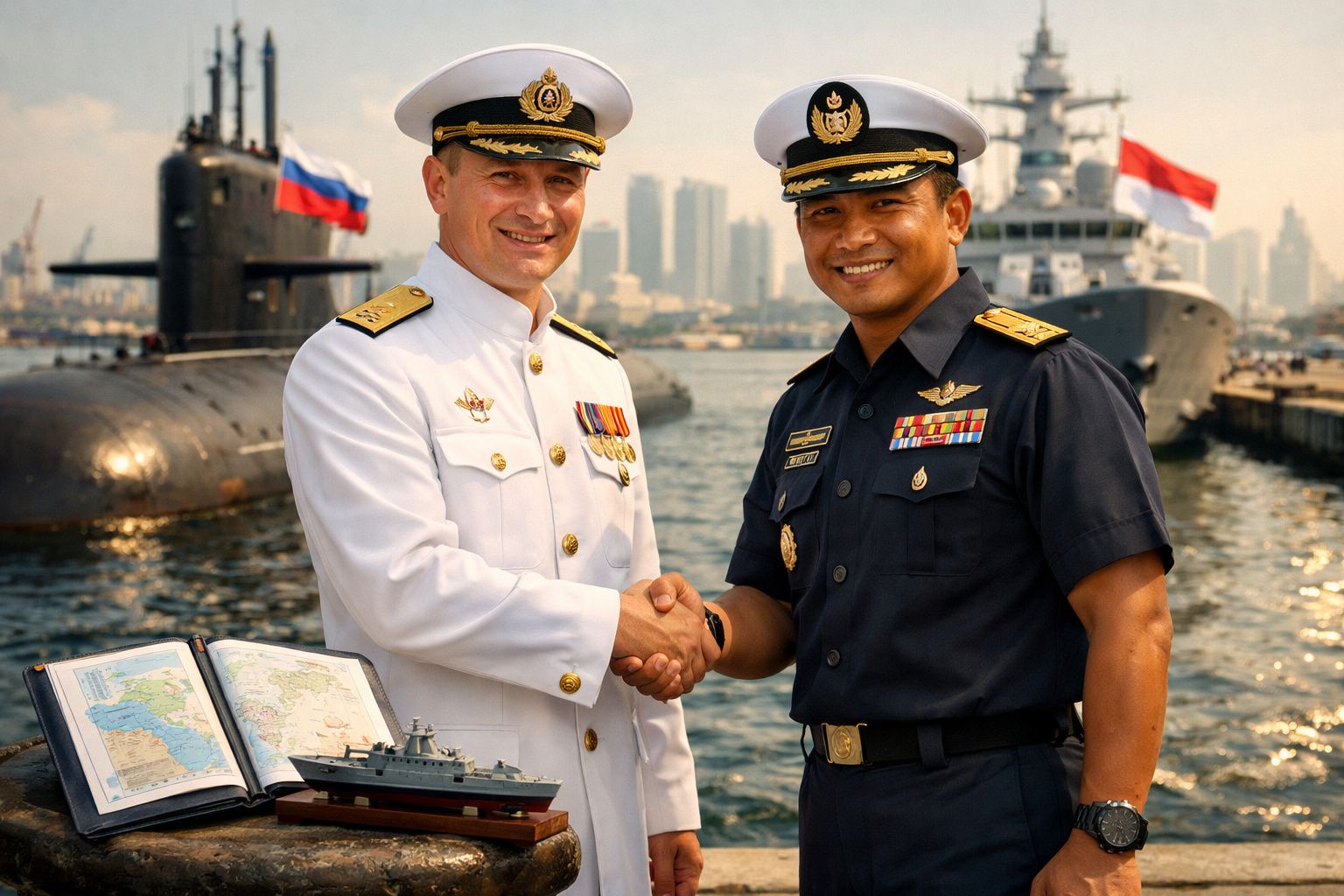 Dois oficiais navais a cumprimentarem-se junto a submarino e navio com bandeiras da Rússia e Indonésia.
