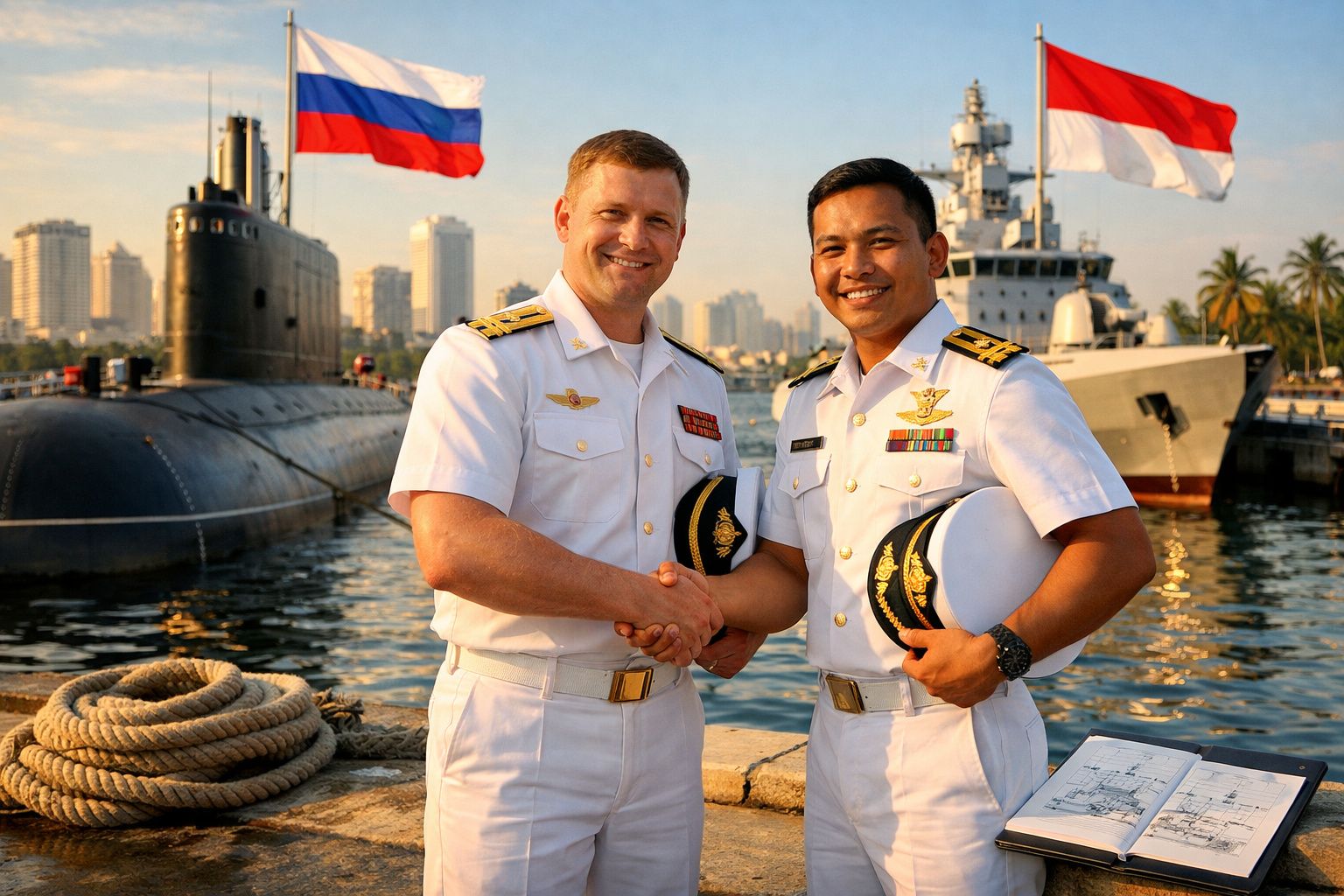 Dois oficiais navais de uniformes brancos apertam as mãos num porto com submarino e navio ao fundo.