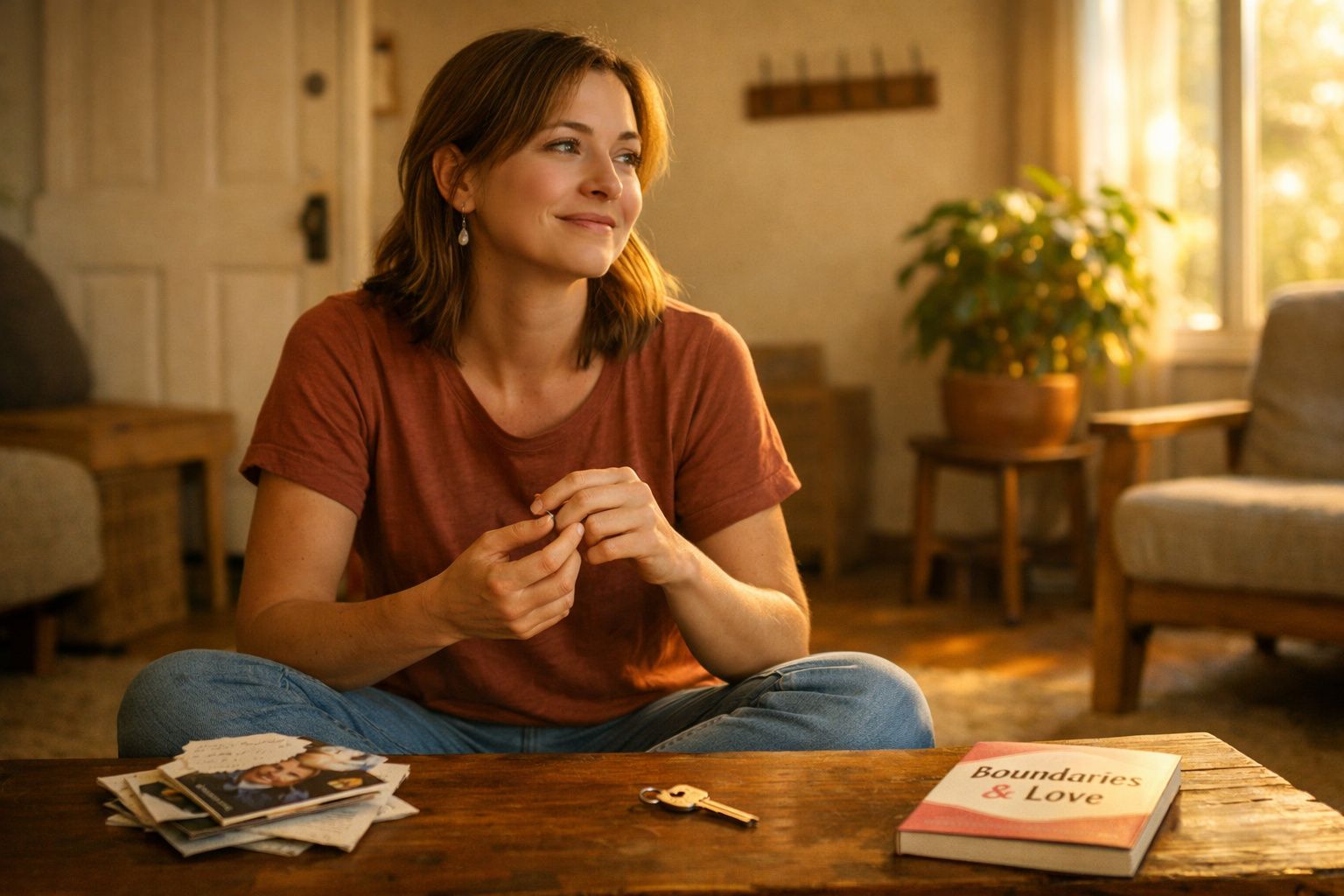 Mulher sentada no chão a olhar para o lado, sorrindo, com fotografias e um livro sobre limites e amor à sua frente.