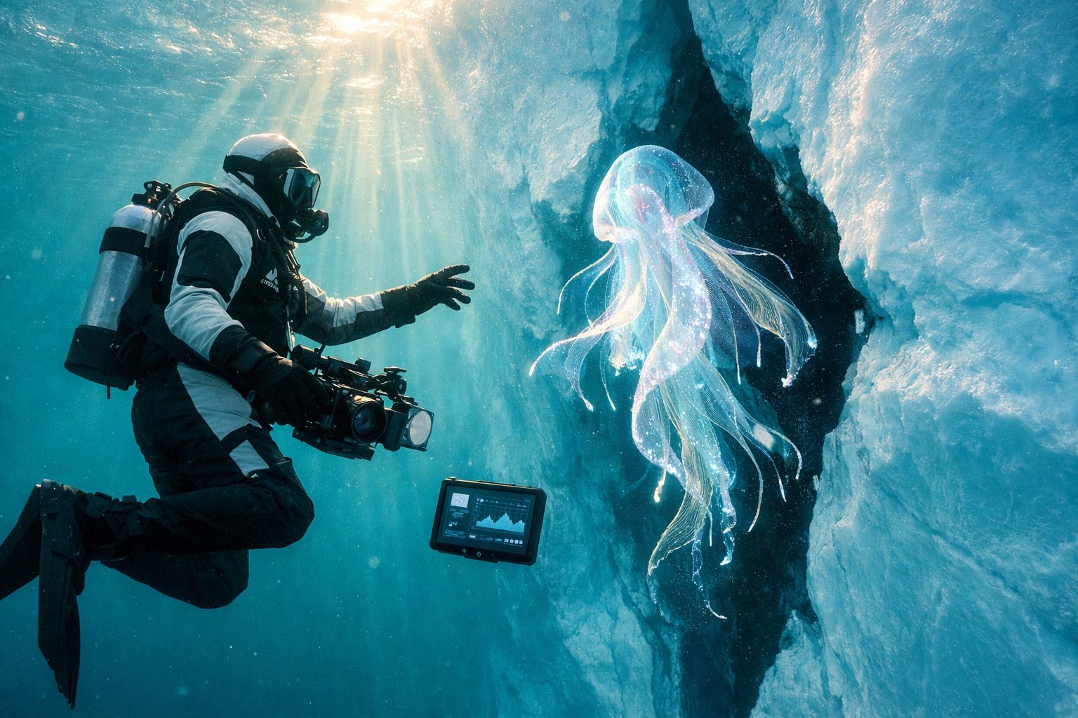 Mergulhador com equipamento a filmar uma medusa luminosa perto de um bloco de gelo subaquático.