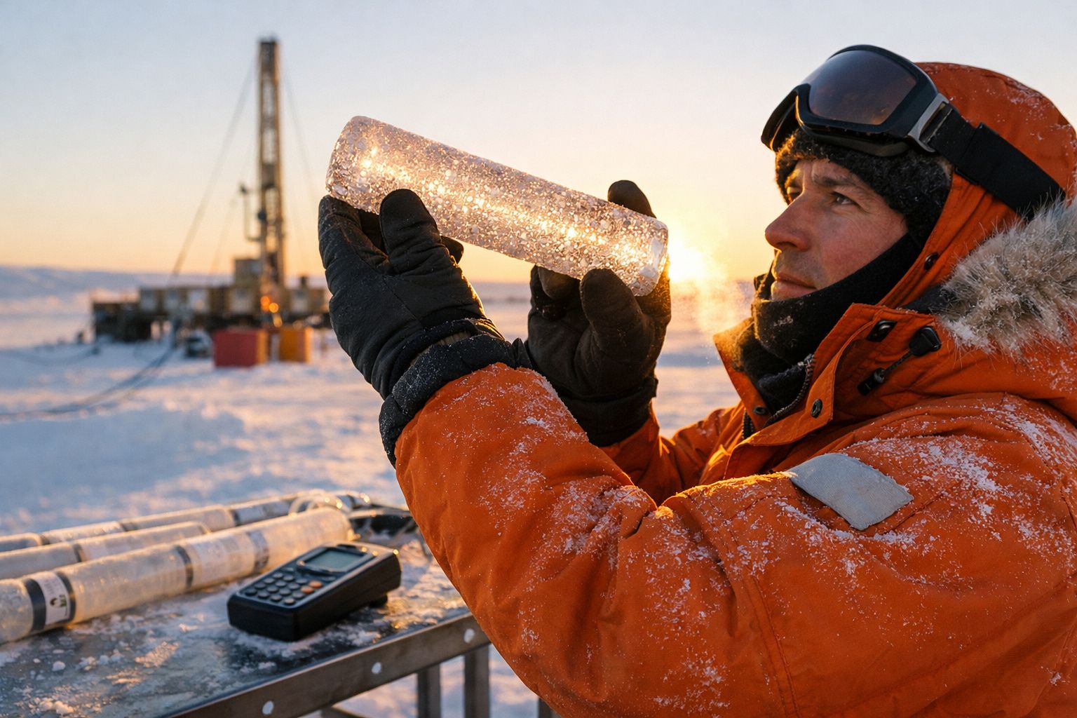 Cientista em roupa de inverno laranja examina amostra de gelo transparente ao pôr do sol no Ártico.