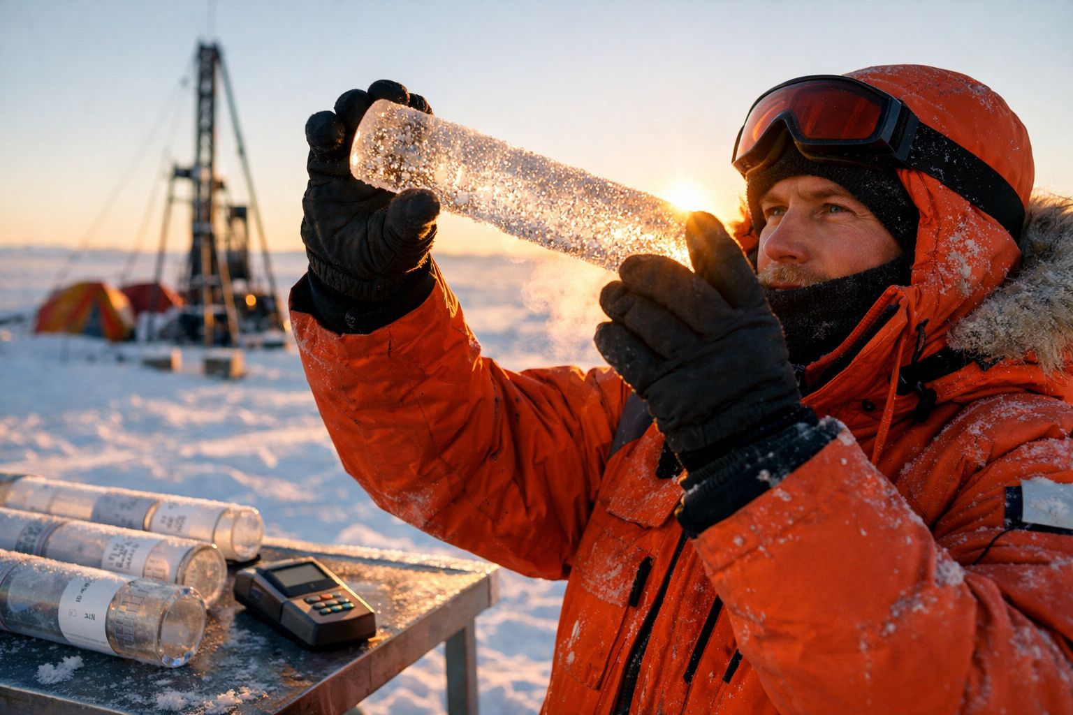 Pessoa com roupa de inverno laranja segura amostra de gelo transparente em ambiente nevado ao pôr do sol.