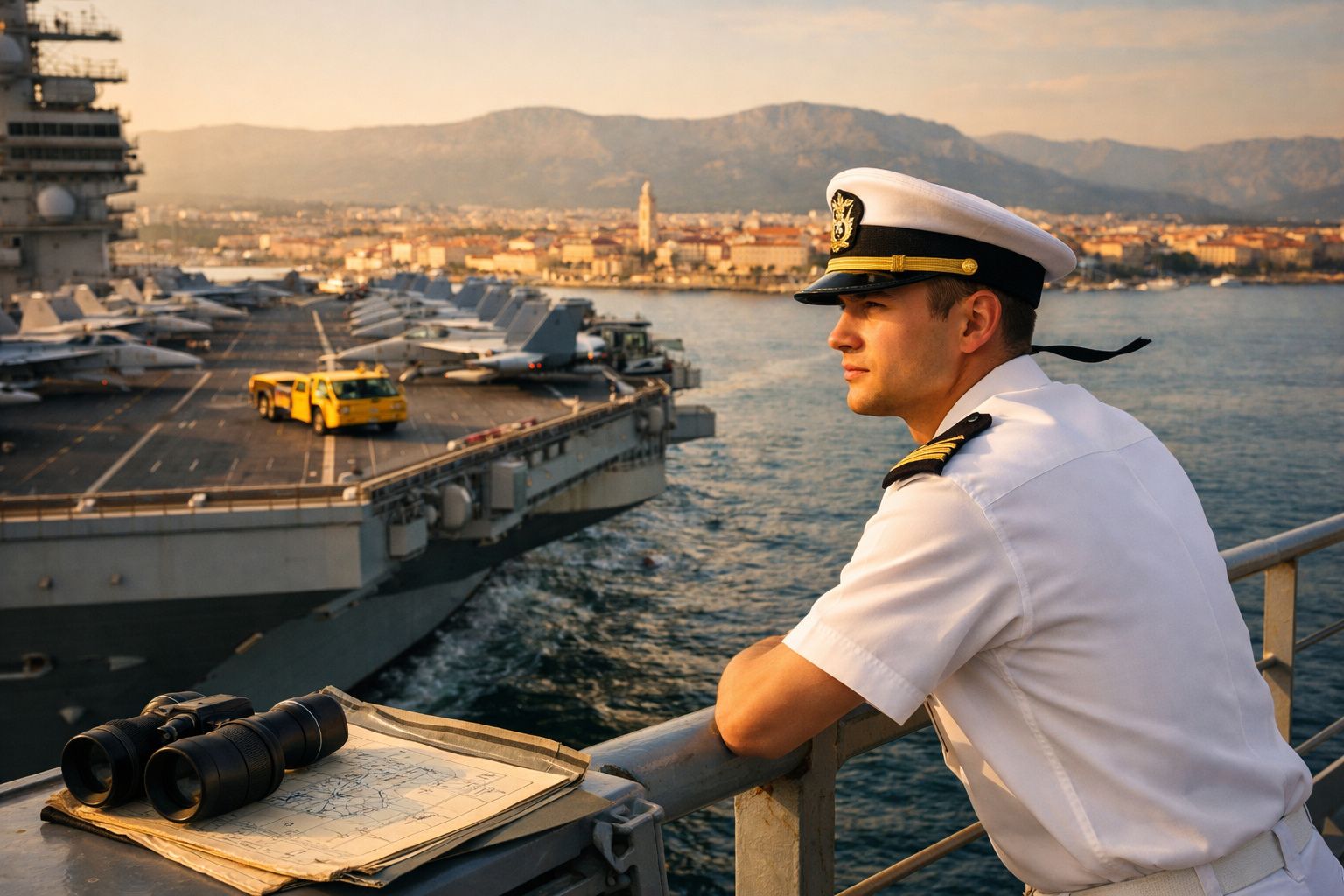 Oficial naval com uniforme branco observa porta-aviões no porto ao pôr do sol, com binóculos e mapa à frente.