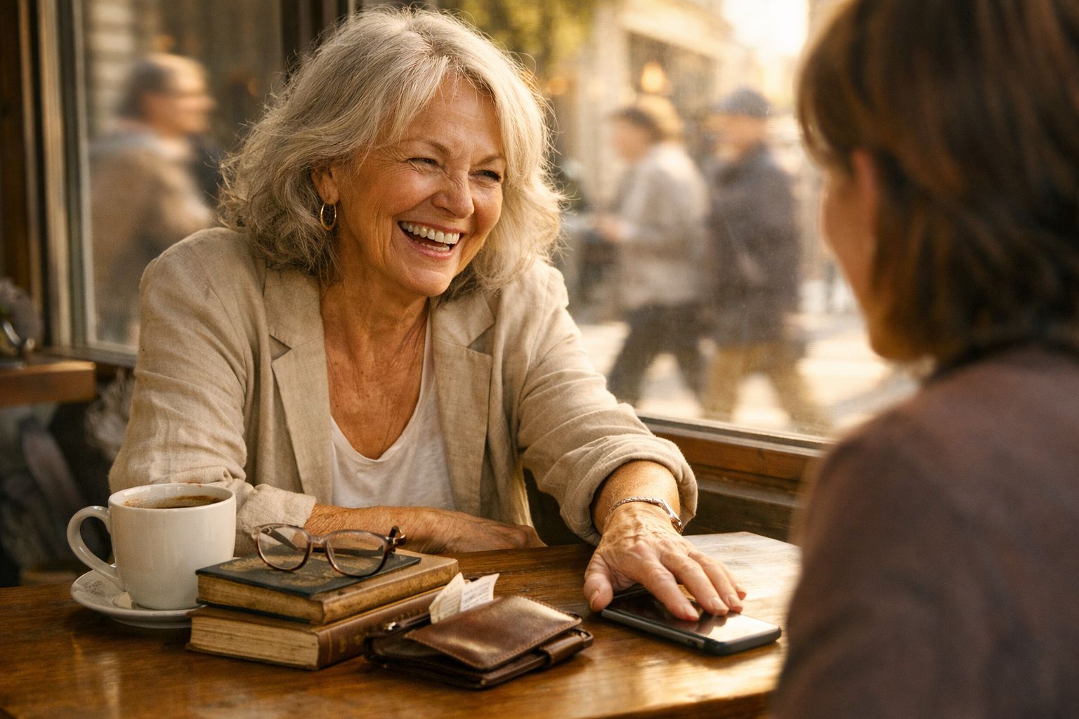 Mulher sorridente conversa com outra pessoa numa cafetaria, com livros, óculos e chávena à mesa.