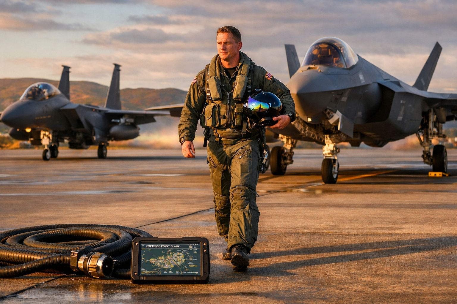 Piloto militar com fato de voo camuflado caminha numa pista com dois caças atrás ao pôr do sol.