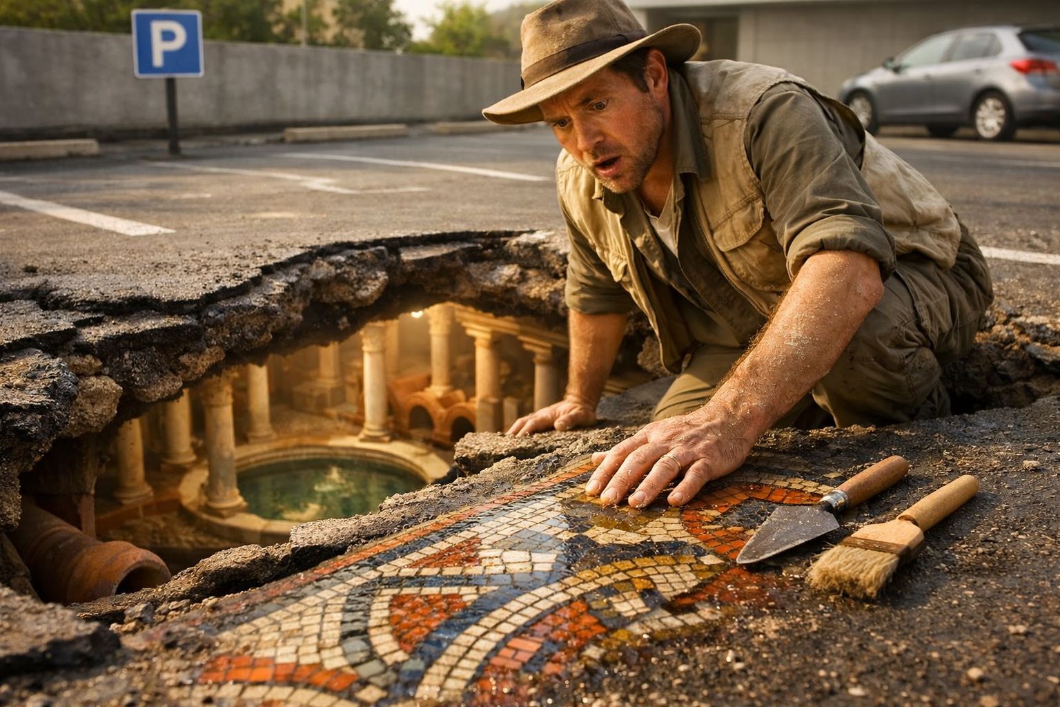 Homem com roupa de explorador examina mosaico antigo numa estrada com buraco que revela estruturas romanas.