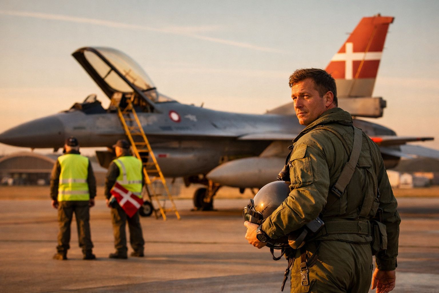 Piloto militar com fato de voo e capacete na mão, avião de combate e dois técnicos no fundo em pista.