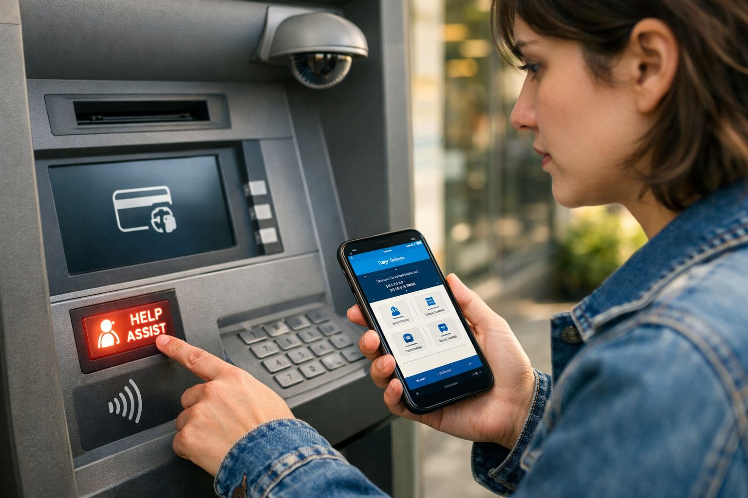 Pessoa a pressionar botão de ajuda num multibanco enquanto segura telemóvel com aplicação financeira aberta.