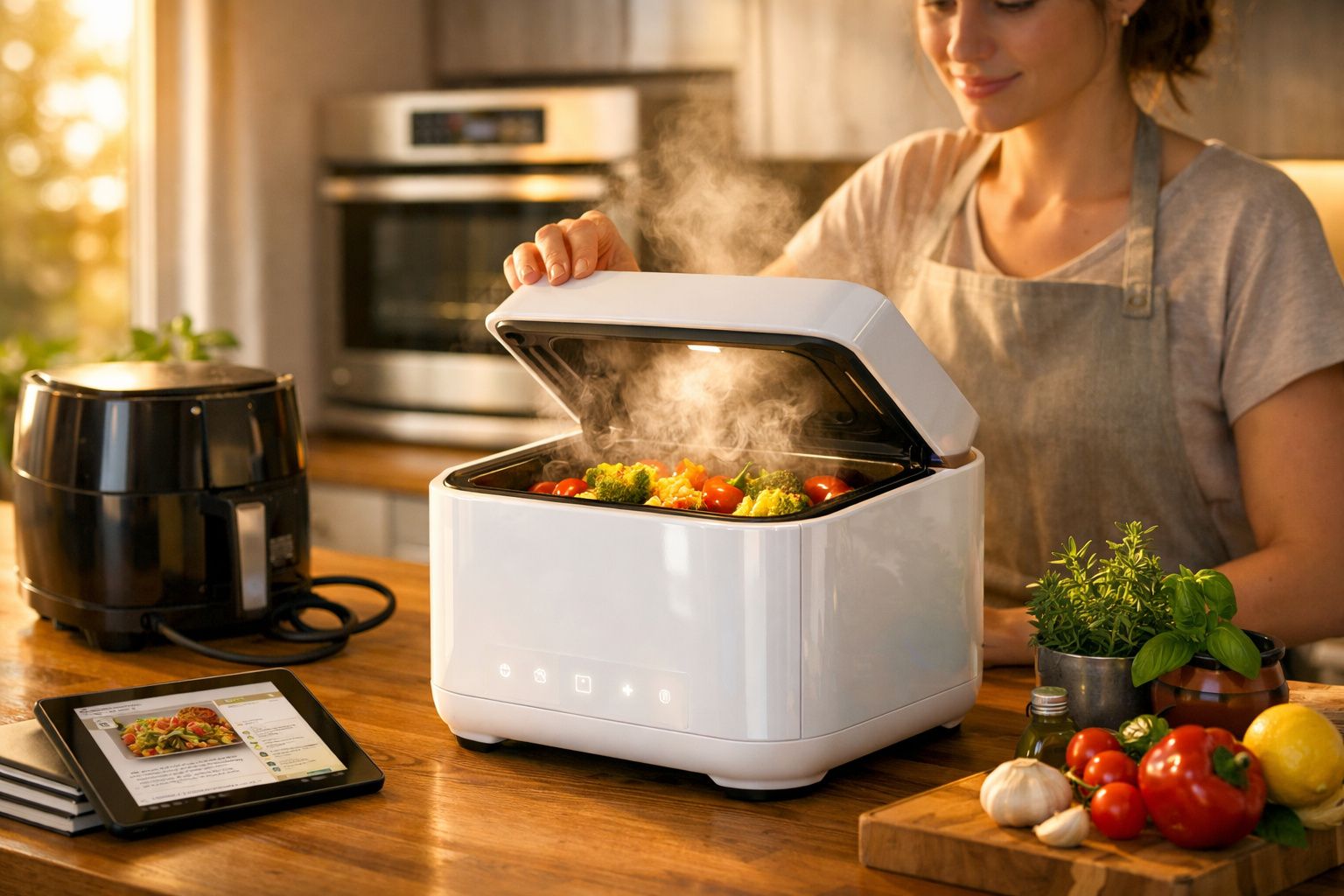 Mulher a abrir forno elétrico com vapor a sair e legumes a cozinhar numa cozinha moderna.