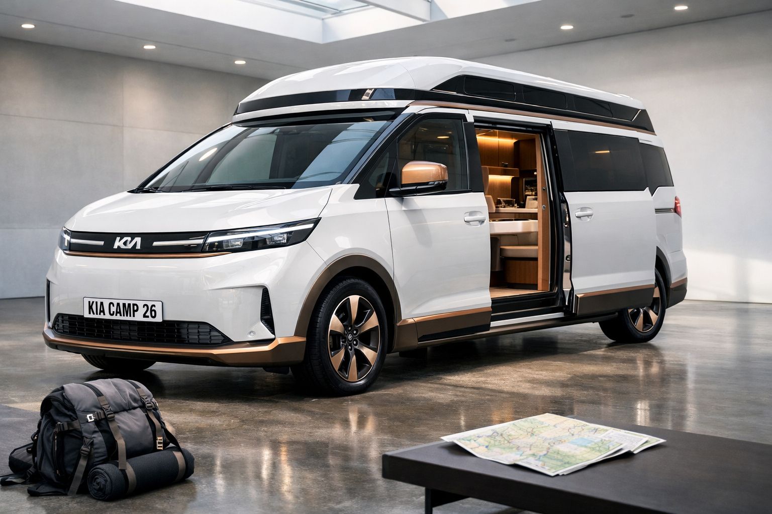 Caravana elétrica Kia Camp 26 branca estacionada com porta lateral aberta, mochila e mapa no chão à frente.