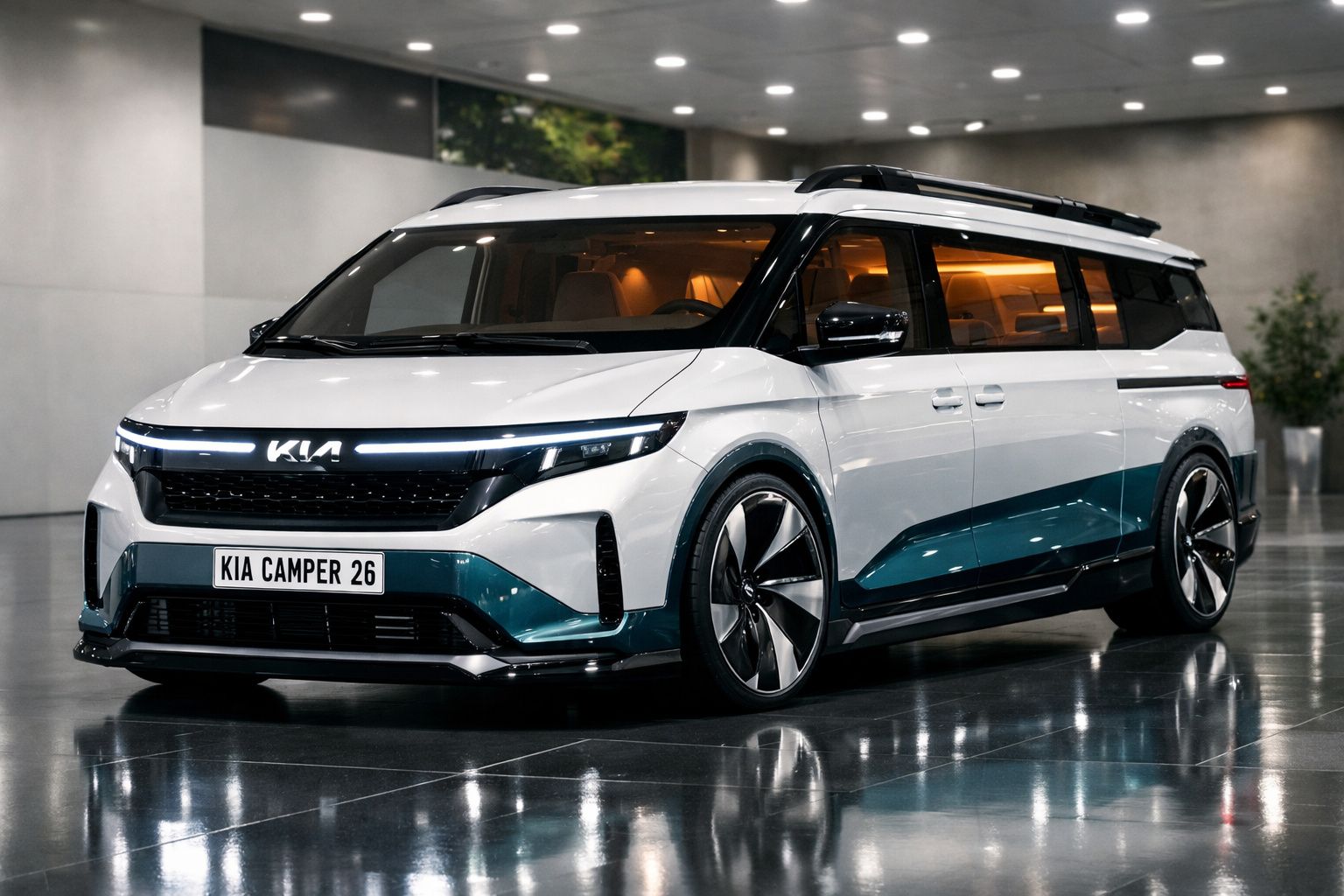 Minivan elétrica branca e azul da Kia com design moderno e luzes LED, estacionada em interior elegante.