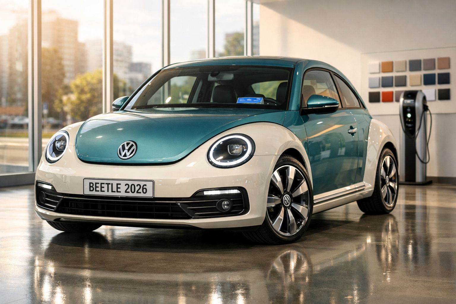 Carro elétrico Volkswagen Beetle 2026 azul e branco, estacionado em showroom com carregador elétrico.