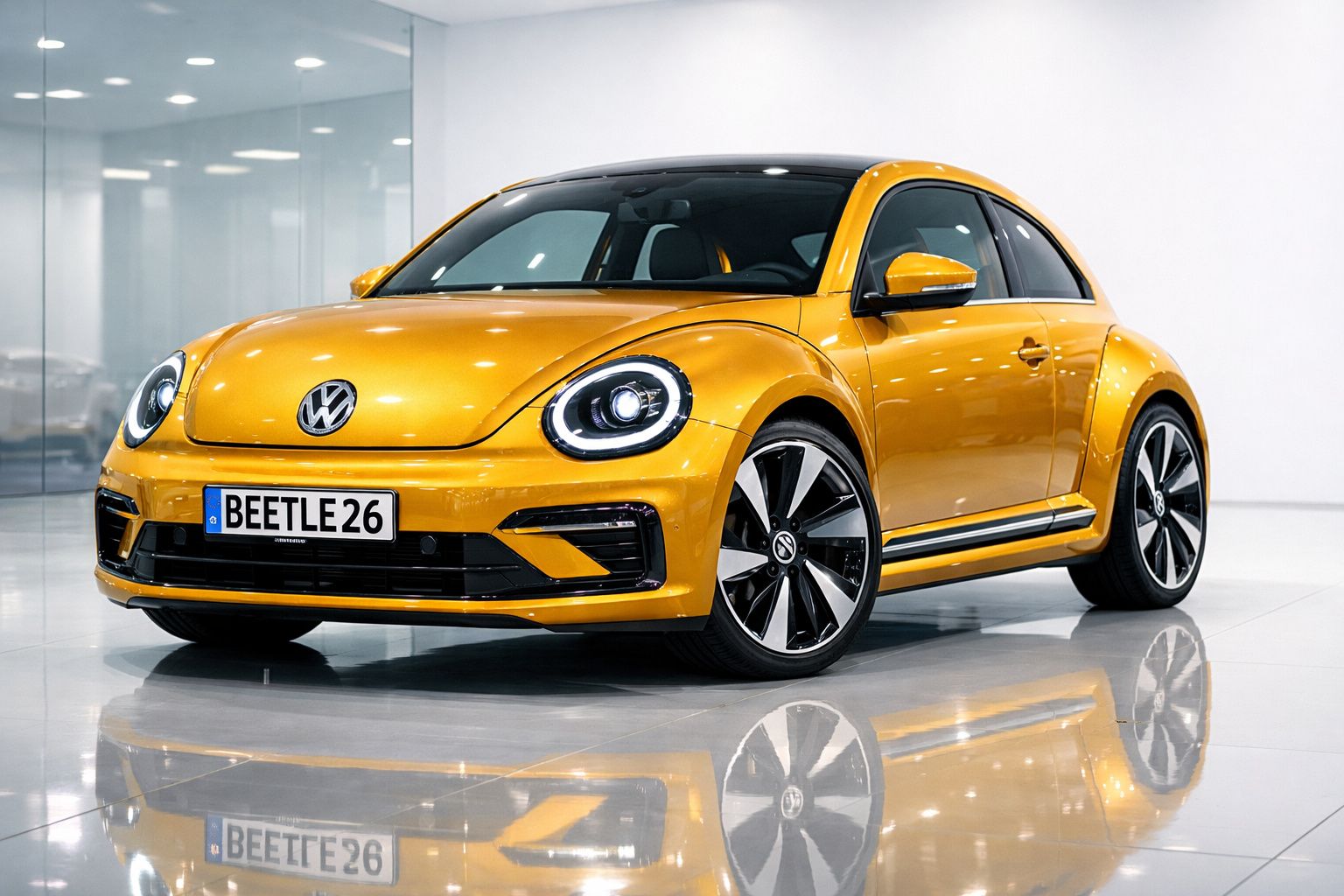 Carro Volkswagen Beetle amarelo brilhante estacionado em piso interior reflexivo.