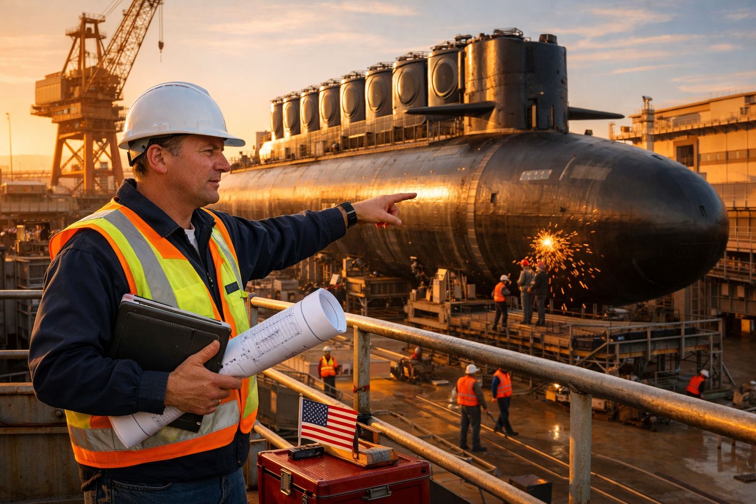 Homem de capacete e colete refetor observa e aponta para um submarino em construção numa doca naval industrial.