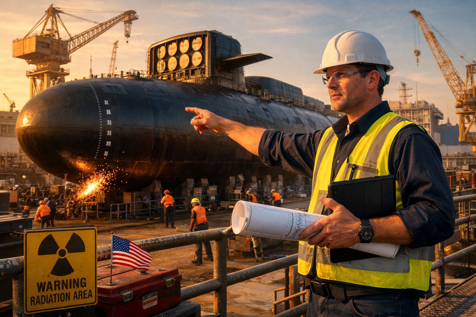 Engenheiro com capacete e colete de segurança aponta para submarino em estaleiro com trabalhadores e sinal de radiação.