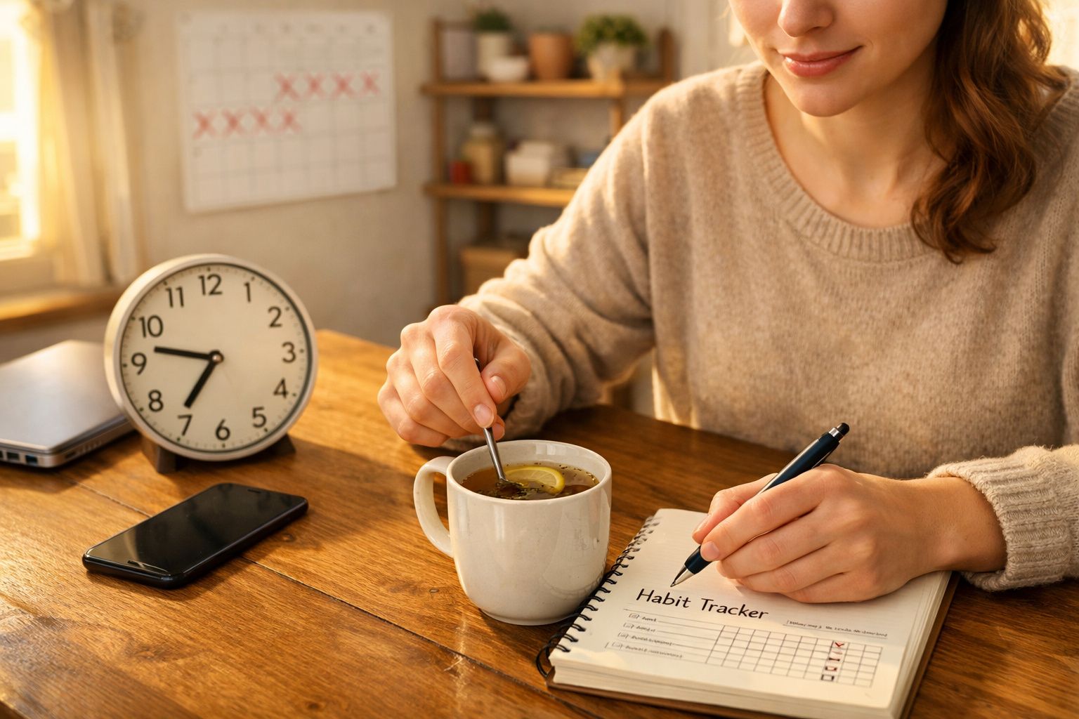 Pessoa a mexer uma chávena de chá com limão enquanto preenche um diário de registo de hábitos numa mesa de madeira.