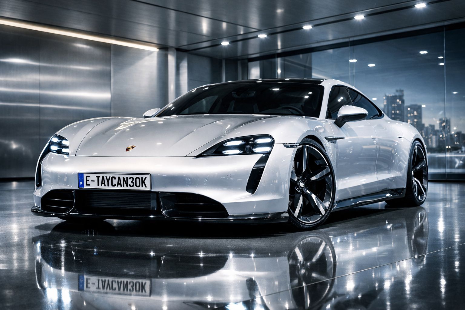 Carro desportivo elétrico Porsche Taycan branco estacionado em ambiente moderno e refletivo à noite.