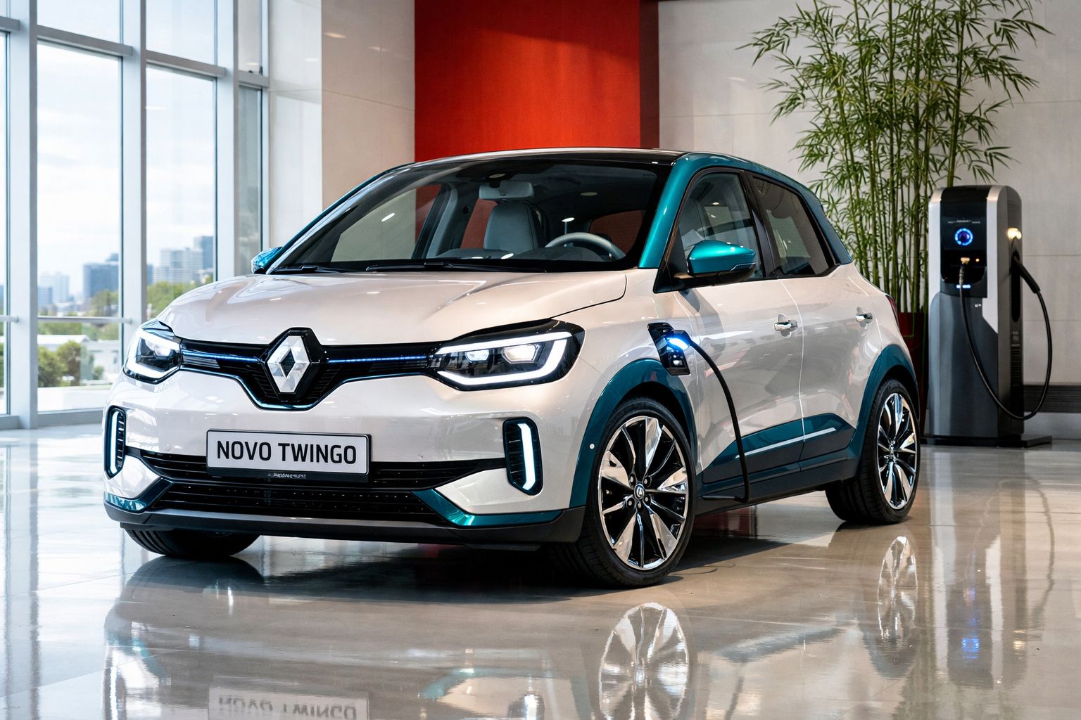 Automóvel Renault Novo Twingo branco a carregar numa estação de carregamento elétrica interior.