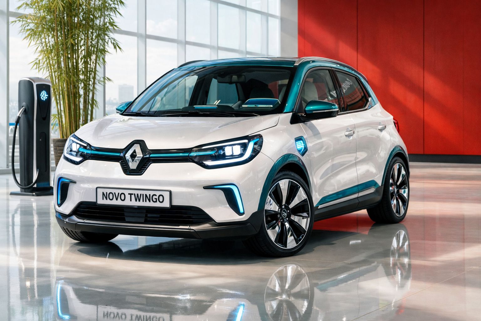 Renault Novo Twingo elétrico branco em exposição interior, junto a estação de carregamento.