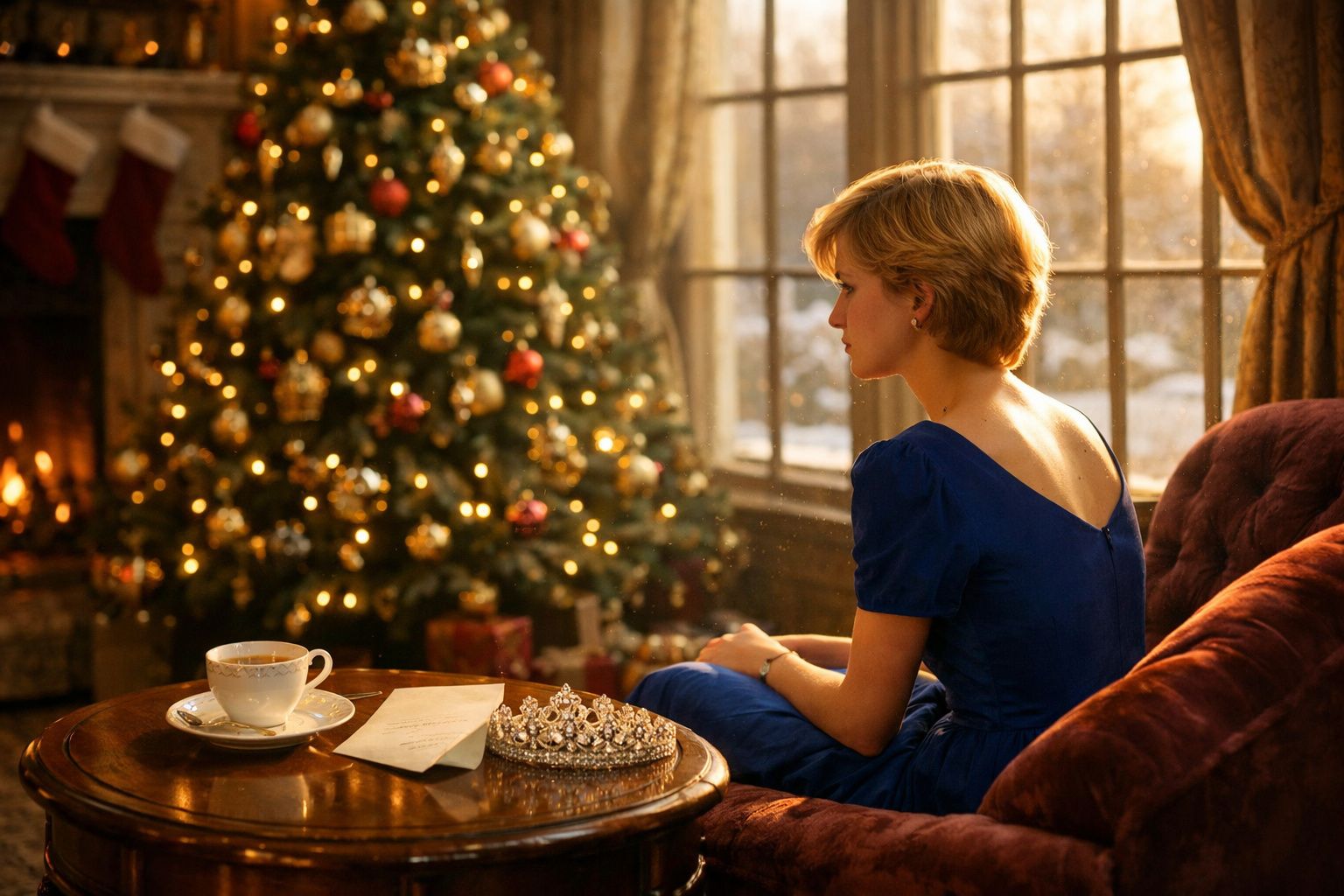 Mulher de vestido azul sentada num sofá, olhando para uma árvore de Natal decorada e iluminada junto a uma janela.